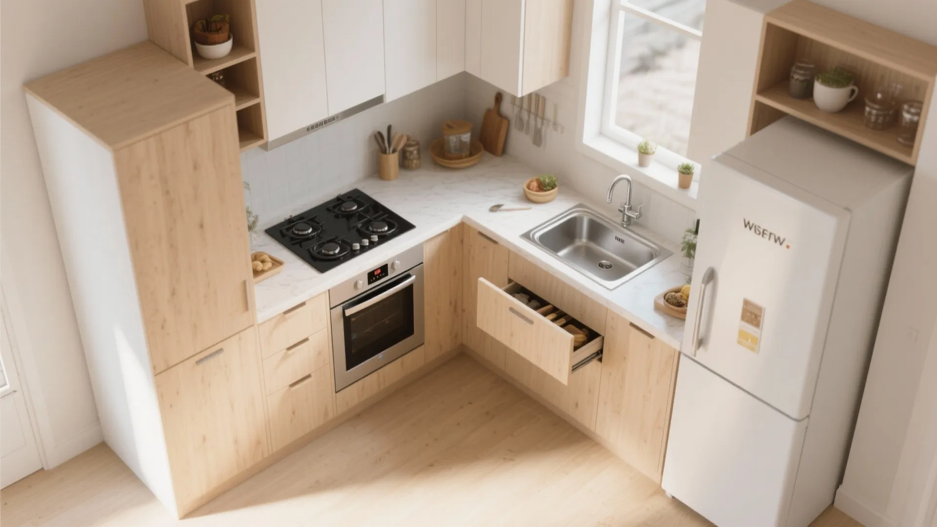 L-shaped kitchen for compact layouts