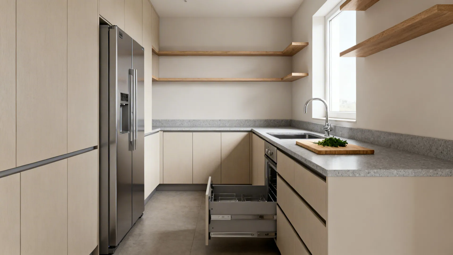 Modern L-shaped kitchen with beige cabinets, grey countertop, stainless steel fridge, and wooden wall shelves