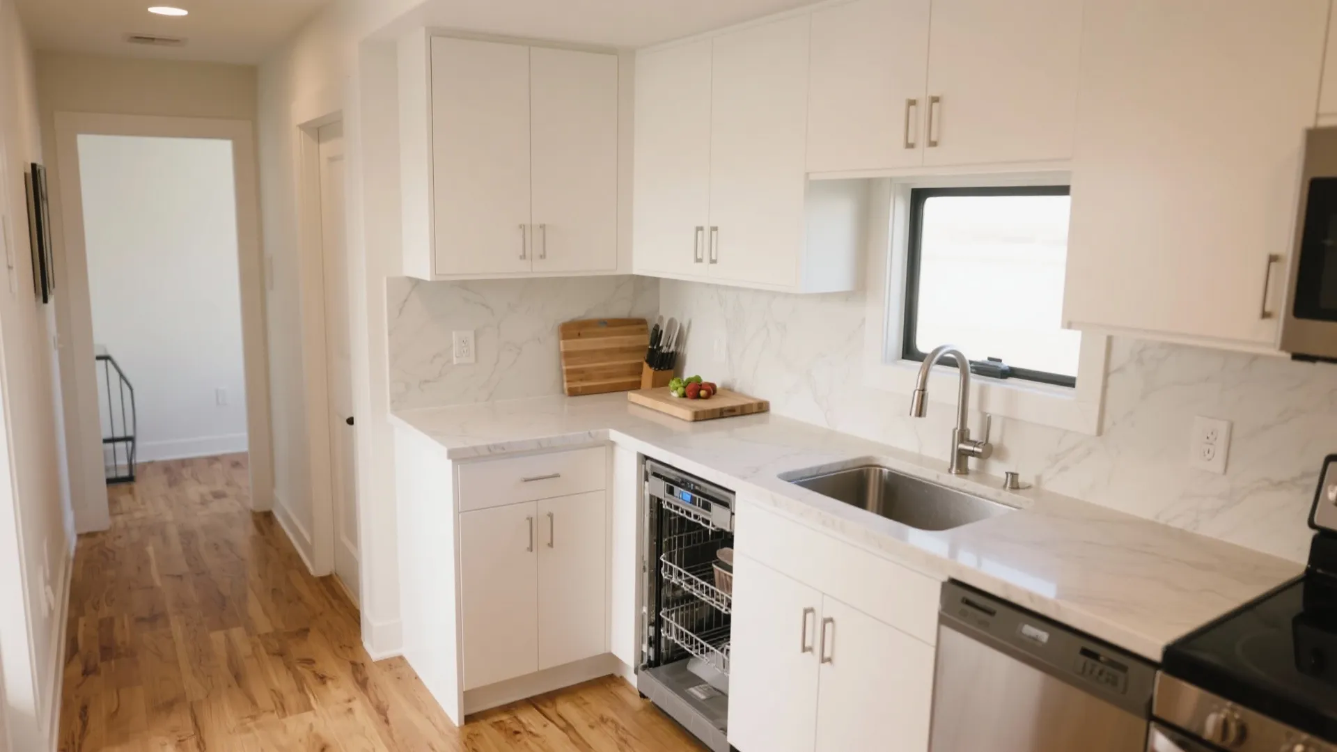 Modern white L-shape kitchen with marble countertops, wooden floors, white cabinets, and stainless steel dishwasher