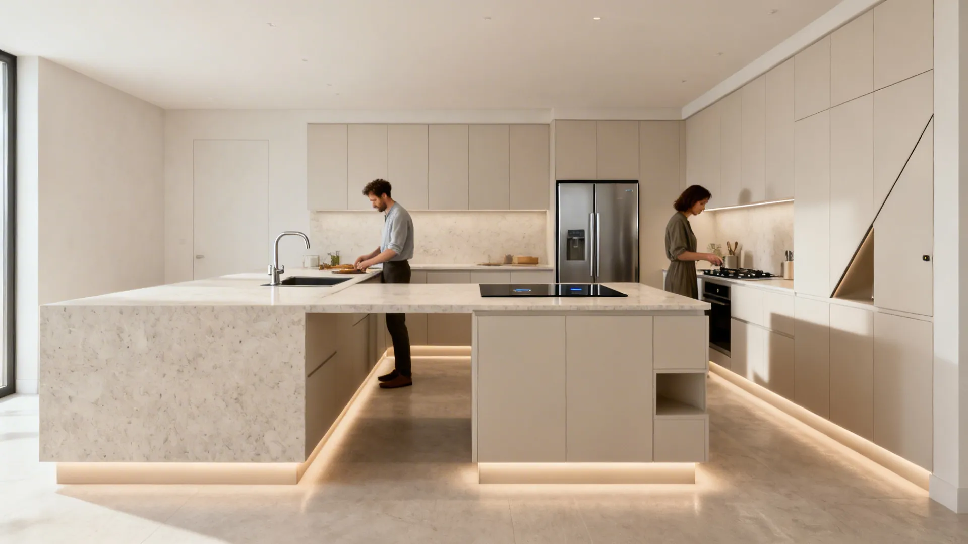 Small L-shaped kitchen with sink, cooktop, and fridge forming an efficient triangle