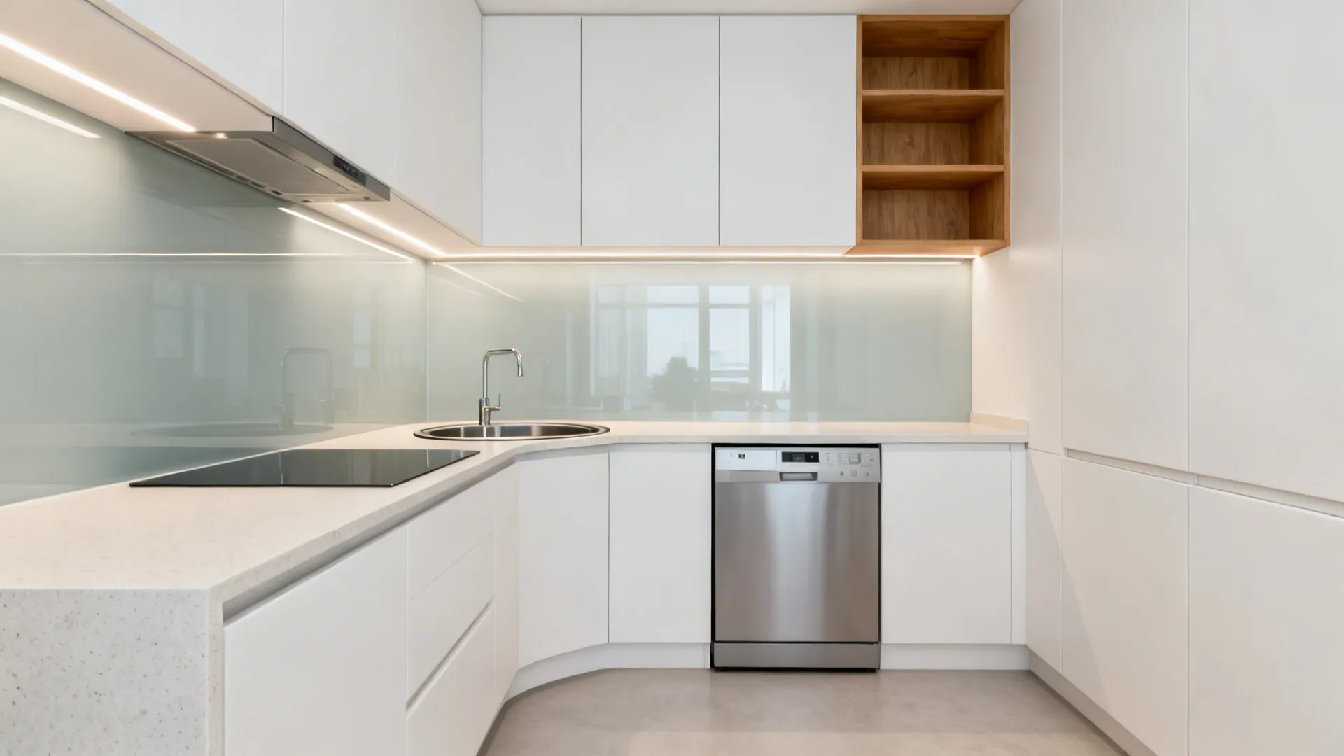 Compact L-shaped kitchen with corner organizer and clear prep run on pale quartz counters.