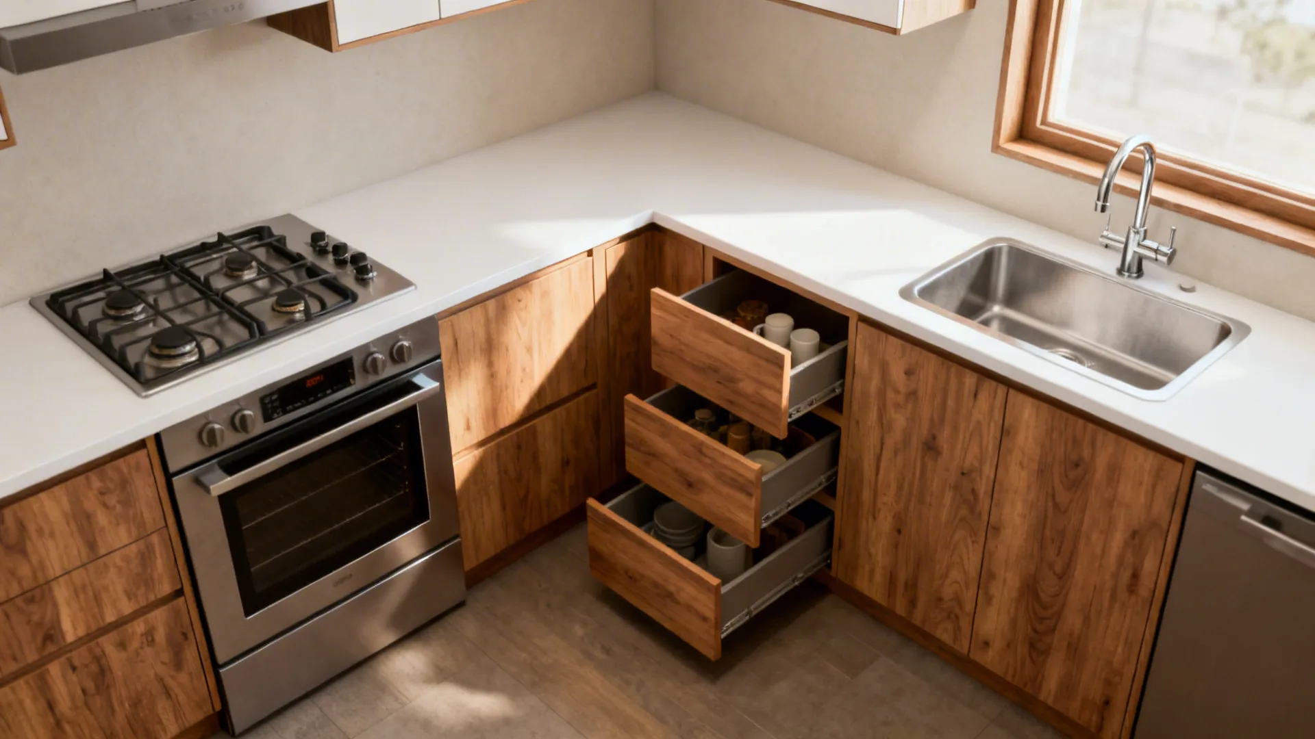 Compact L-shaped kitchen with cook zone on one side and sink-prep on the other in soft daylight.