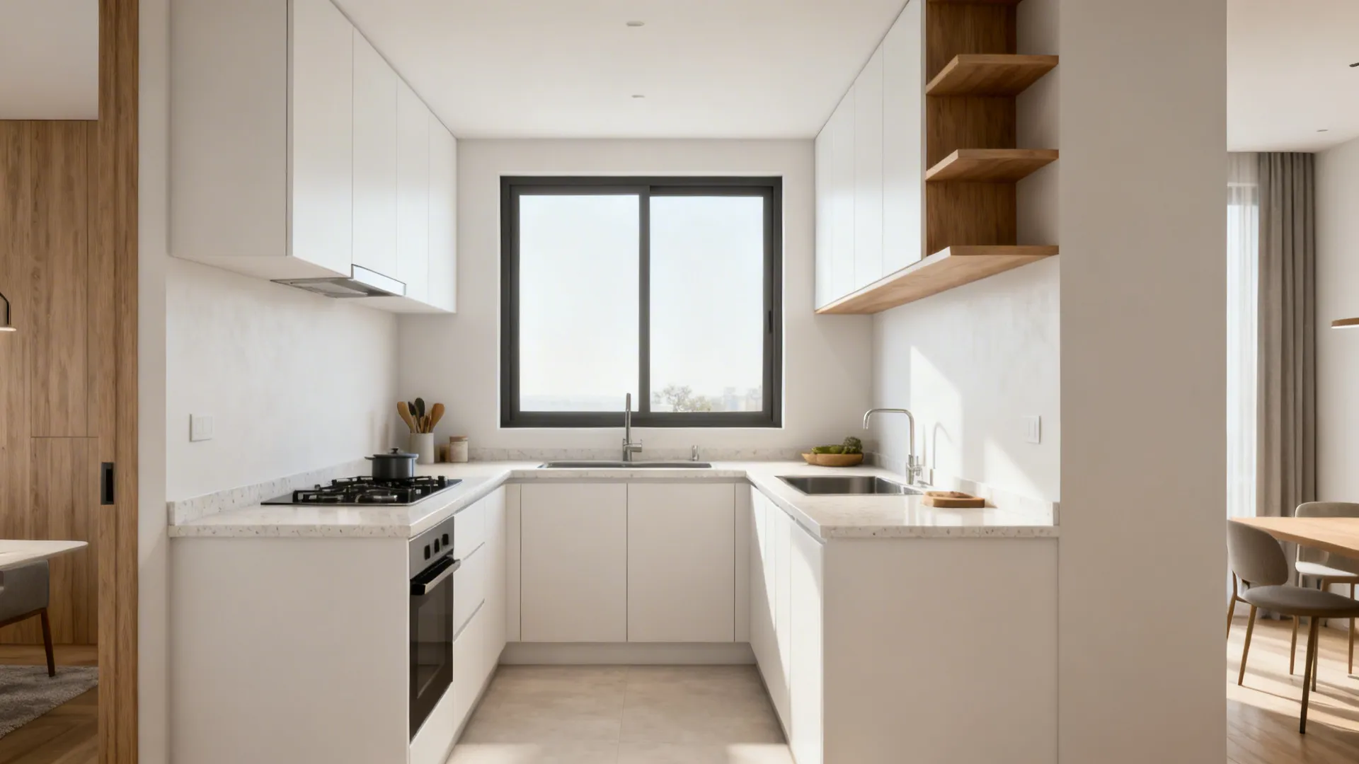 Small L-shaped kitchen with uninterrupted counters, asymmetric uppers around a window, and open corner shelves.
