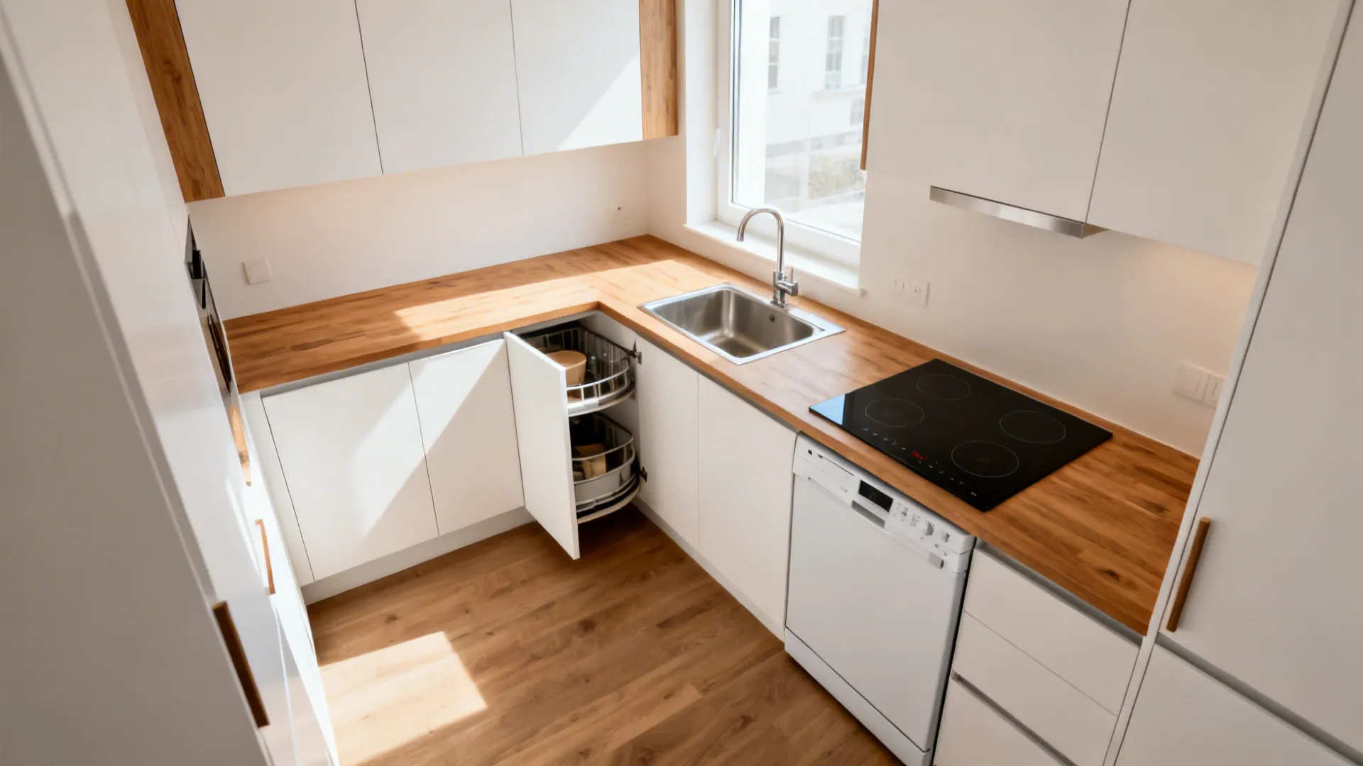 Small L-shaped kitchen with white fronts and oak accents showing a clear prep zone.