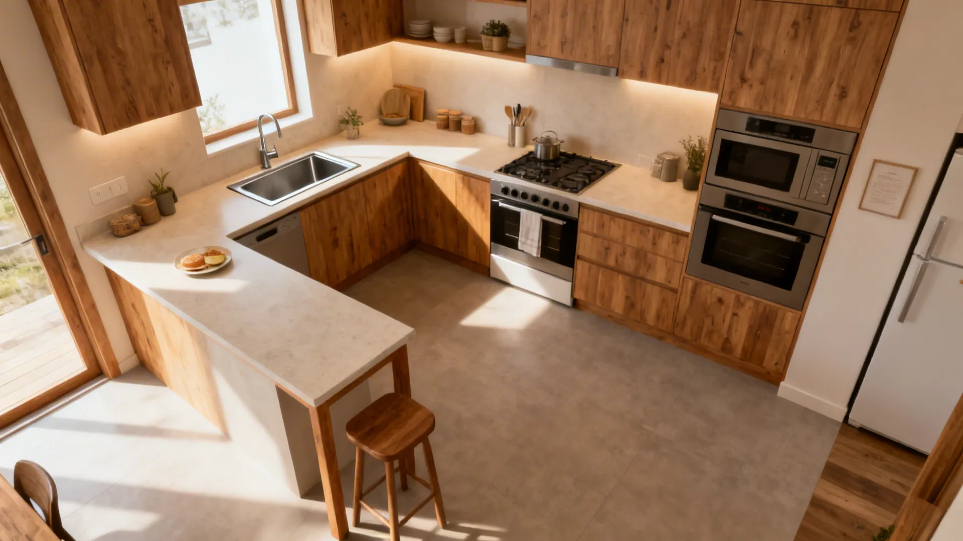 Compact L-shaped kitchen with corner sink, extended counter perch, and clear 48–60 inch aisle.