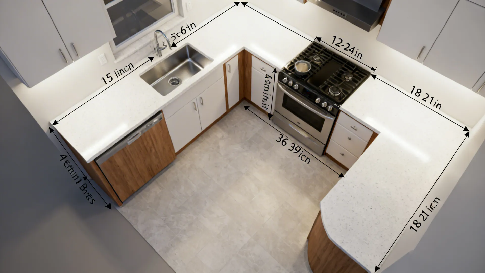 Top-down L-shaped kitchen with measured landing zones and compact aisle.