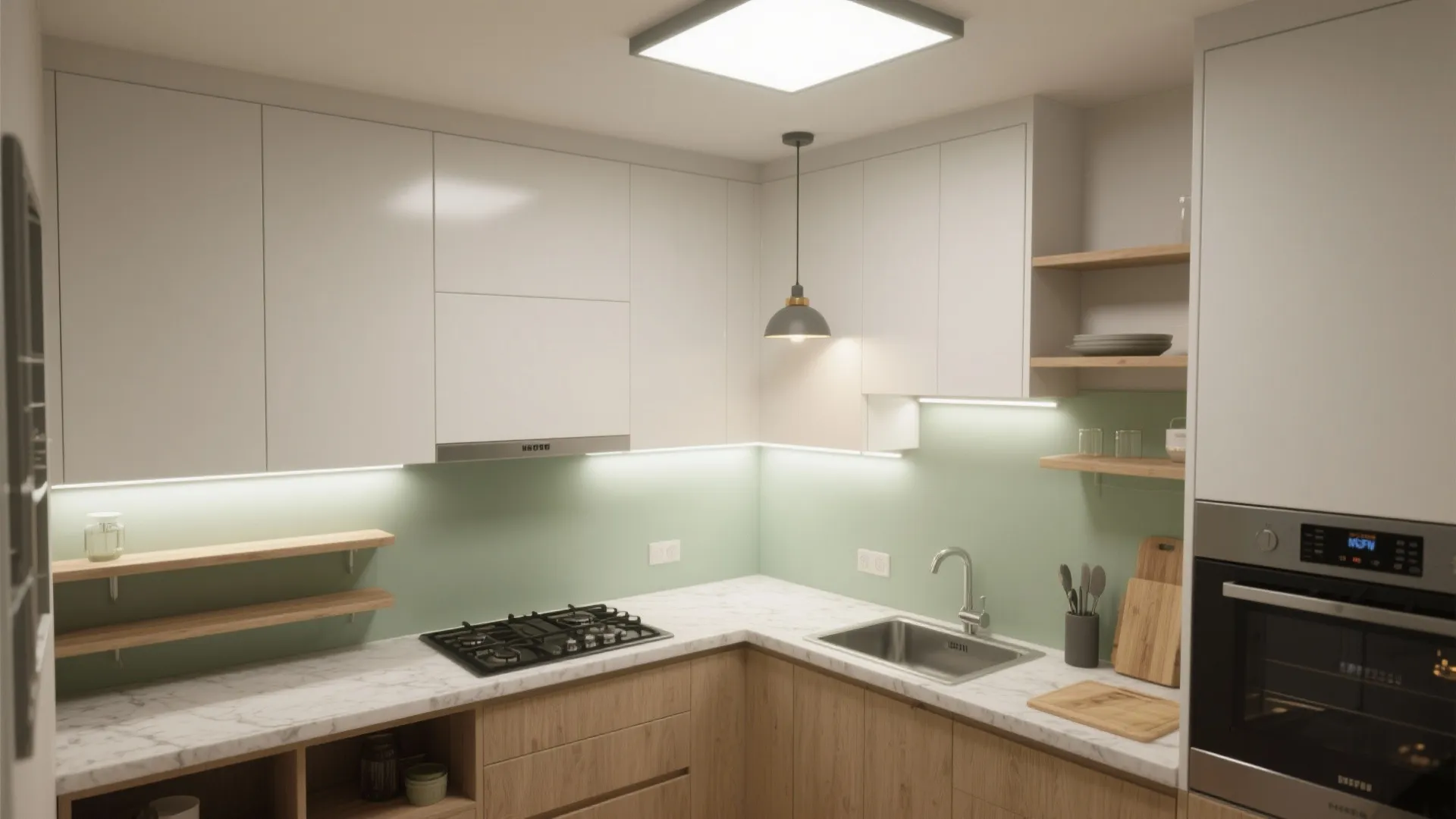 L-shaped small kitchen layout with layered lighting