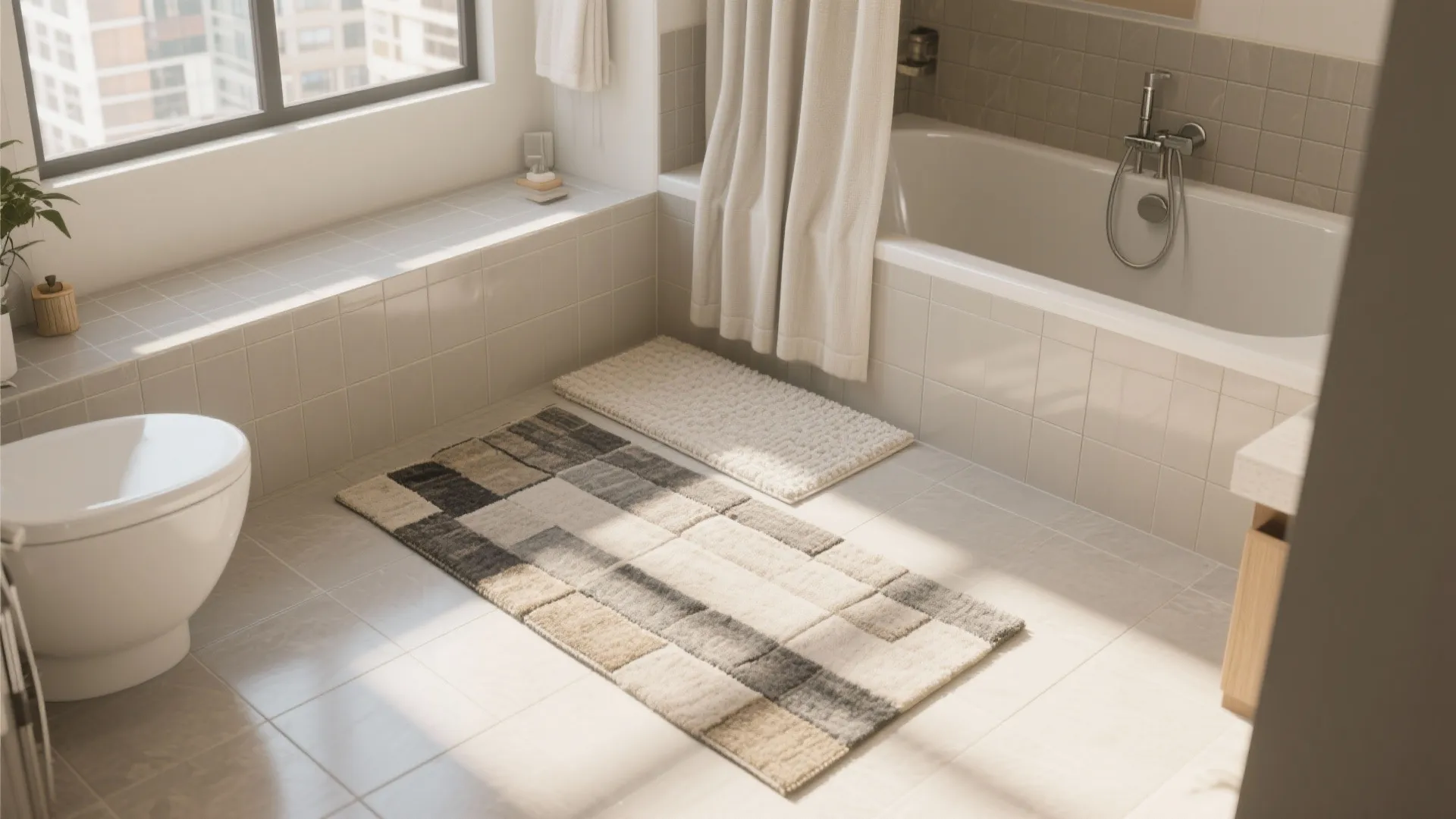 2. L-shaped layering with bath mat