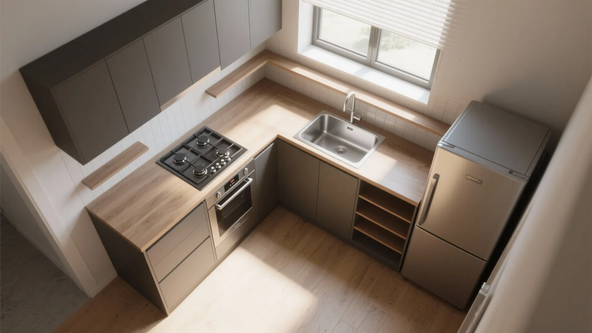 Modern L-shaped kitchen with wooden countertop, grey cabinets, stainless steel sink, stove, and silver fridge