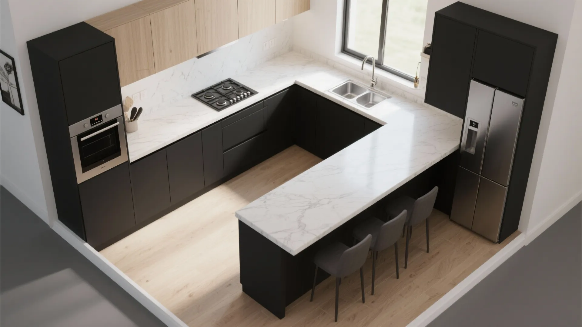 Interior design drawing of U-shaped kitchen with black cabinets white marble countertop and three stools