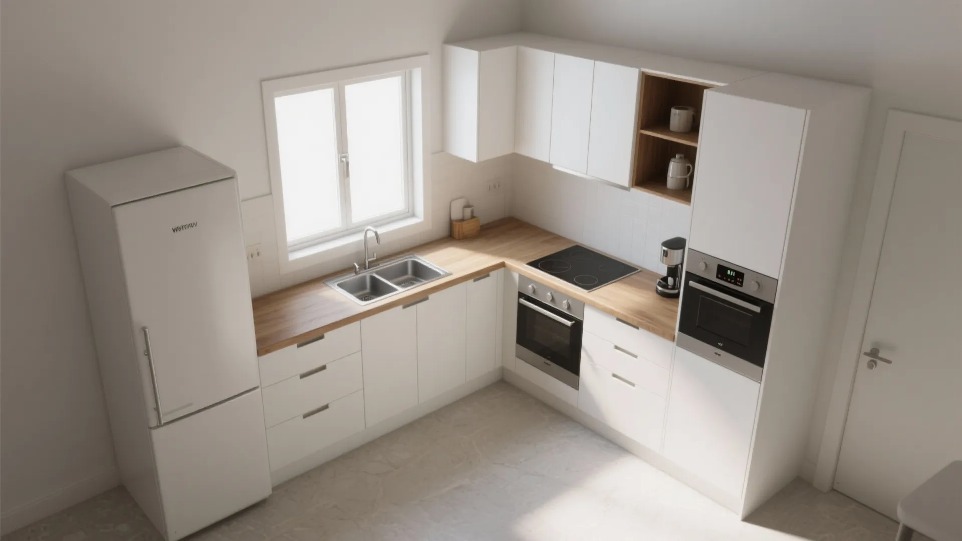 The compact L-shaped kitchen that maximizes counters against white walls