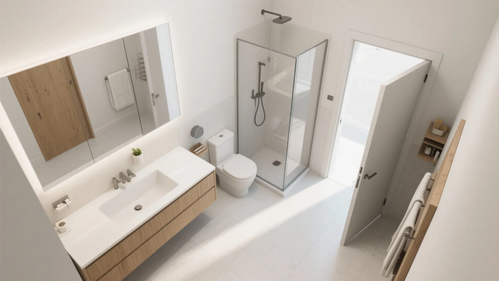 Modern bathroom with wooden cabinet white sink toilet glass shower door and open white door