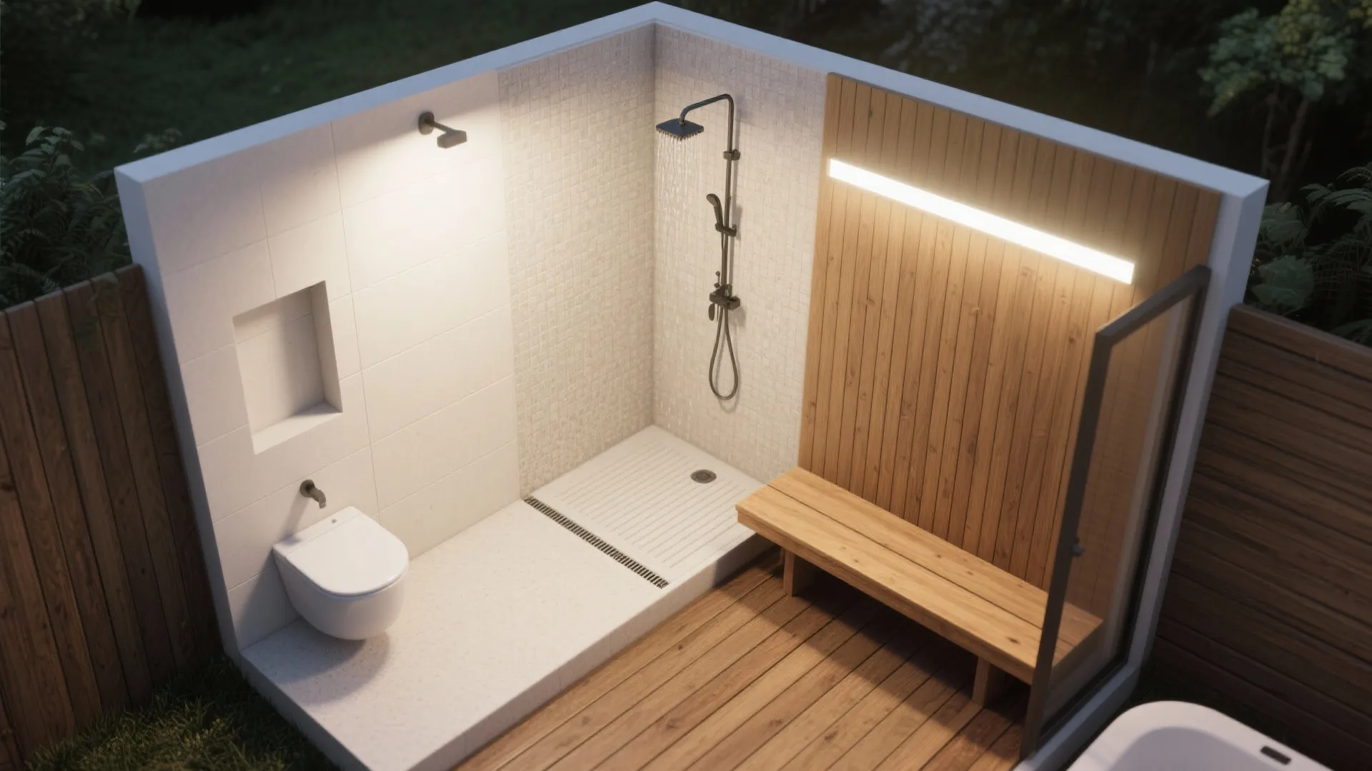Small outdoor bathroom layout with shower toilet wooden bench white tiles and warm light fixture