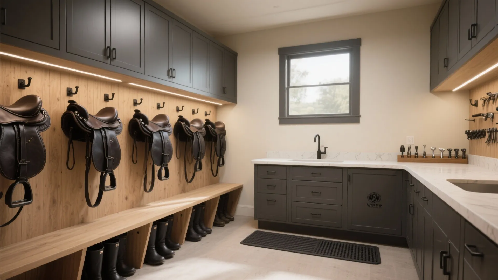 L-shaped tack room with saddle wall on the long leg and a shallow counter with drawers on the short leg.