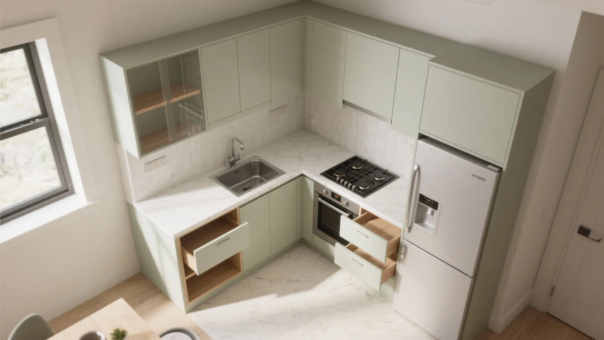 Top view of L shaped kitchen layout with mint green cabinets marble countertop and refrigerator