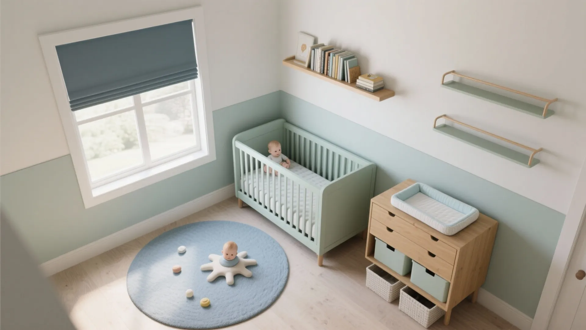 Space-smart nursery layout: L-shape and vertical zones