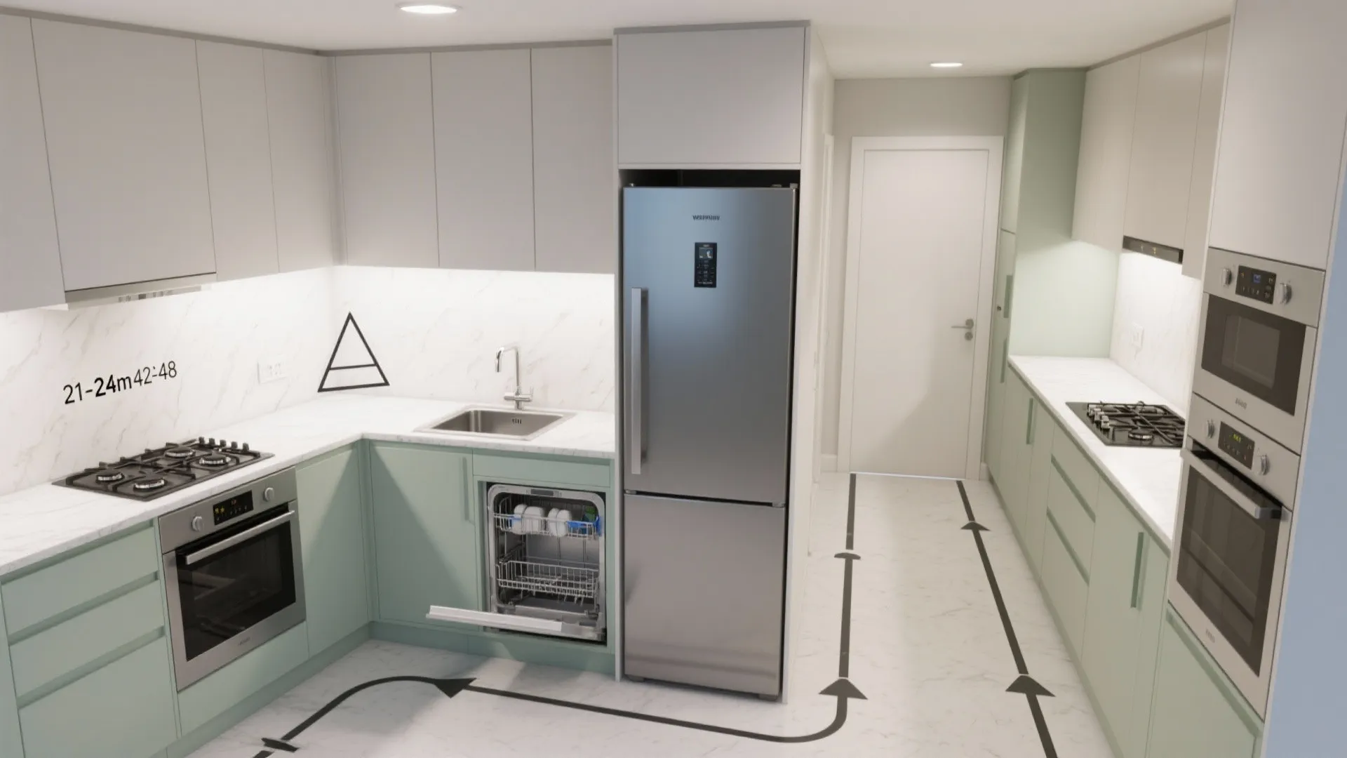 L-shaped or parallel kitchen for tight corners