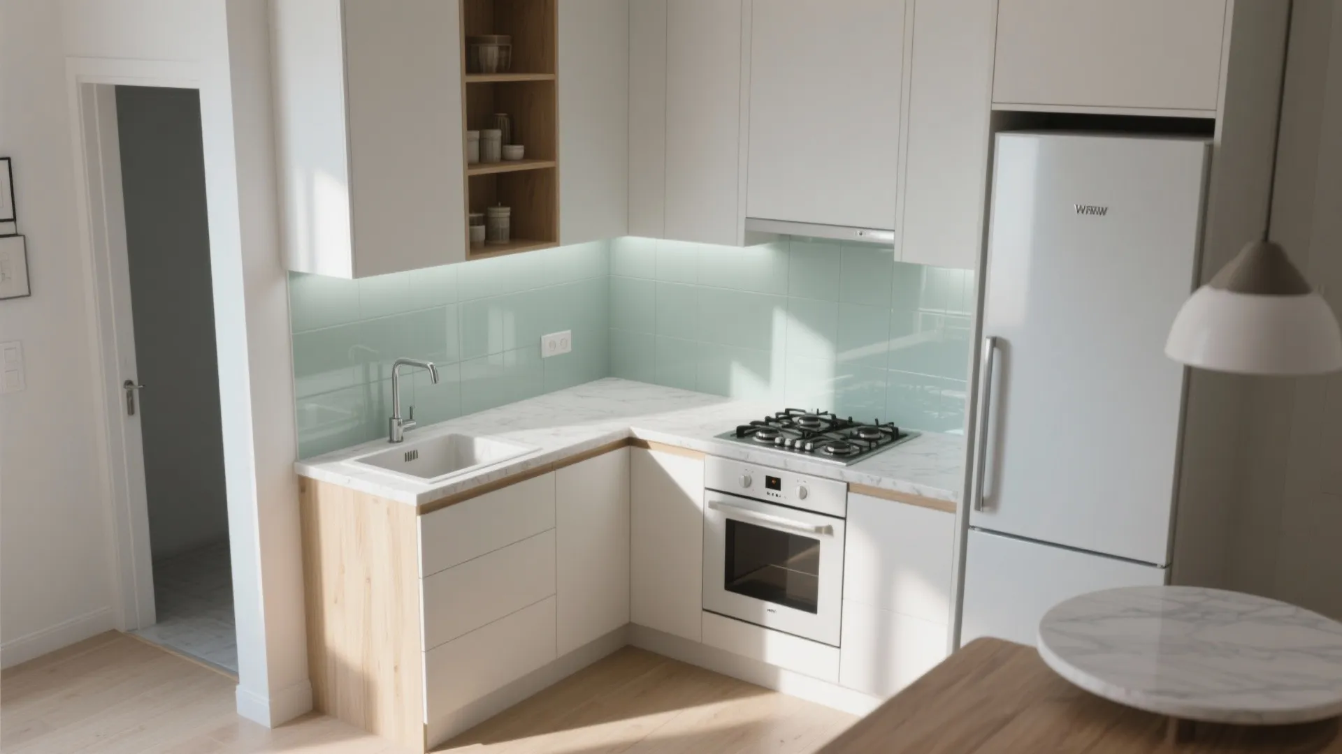 Smart L-shaped kitchen layout in tight rooms