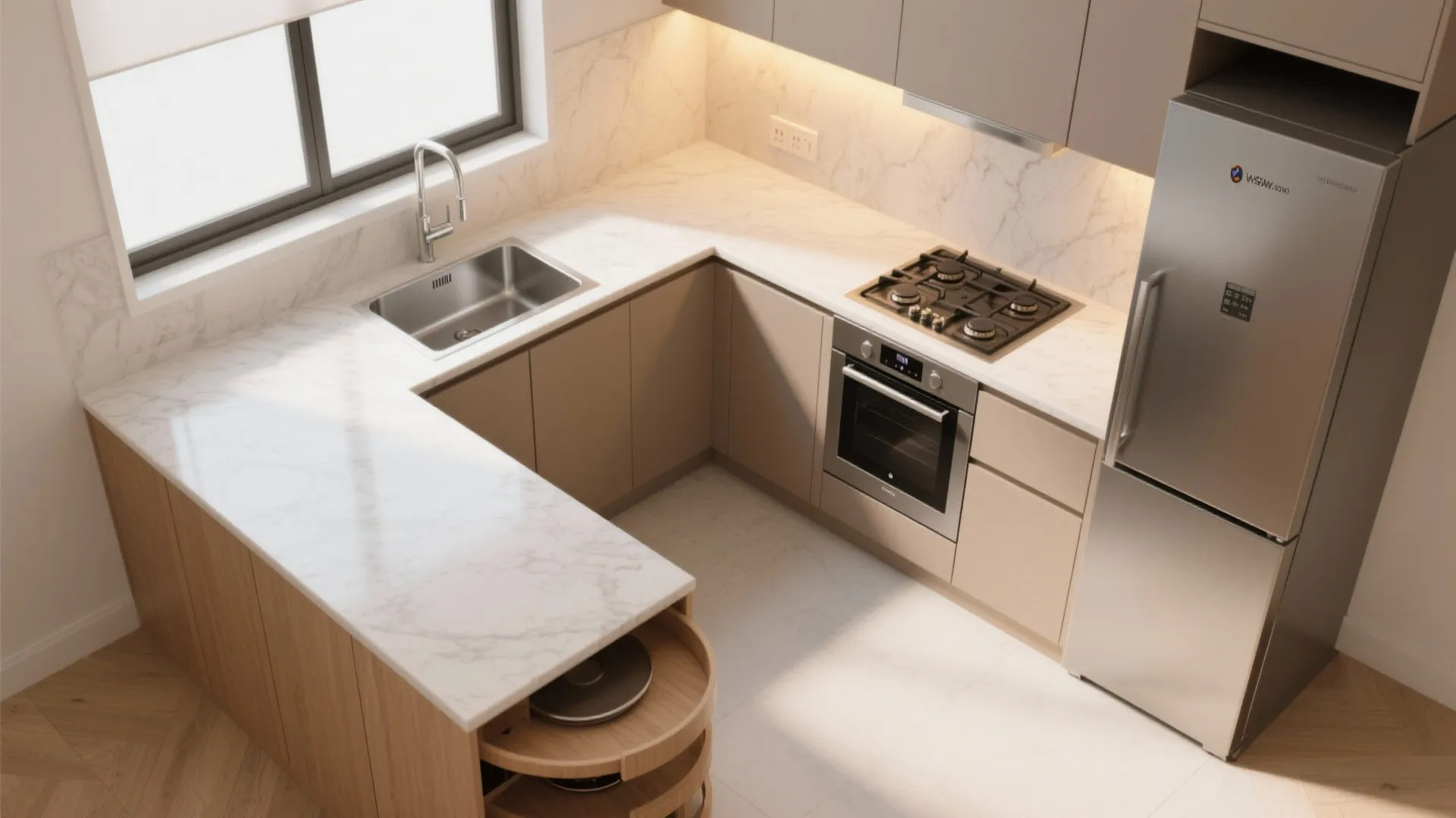 L-shaped small kitchen layout for flow