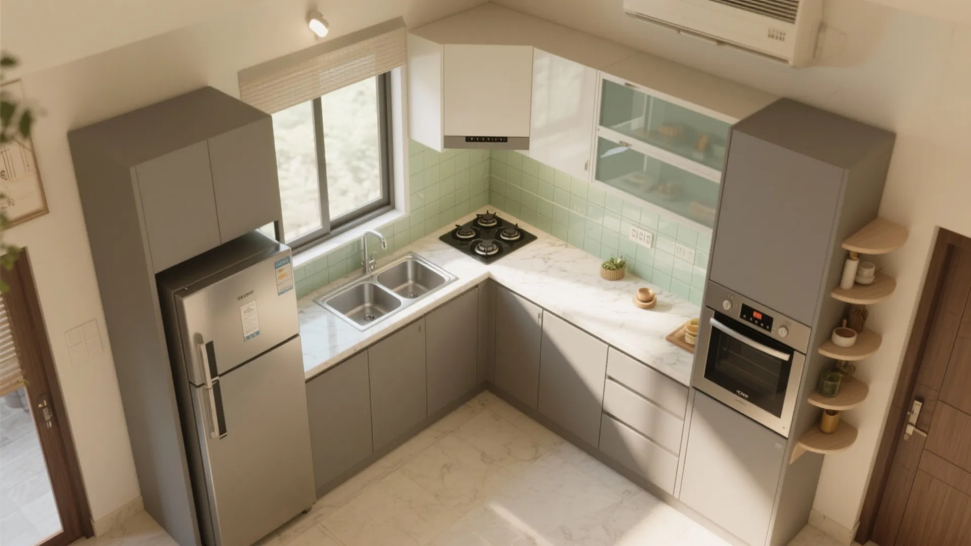 L-shaped layout to free counter space in compact kitchens