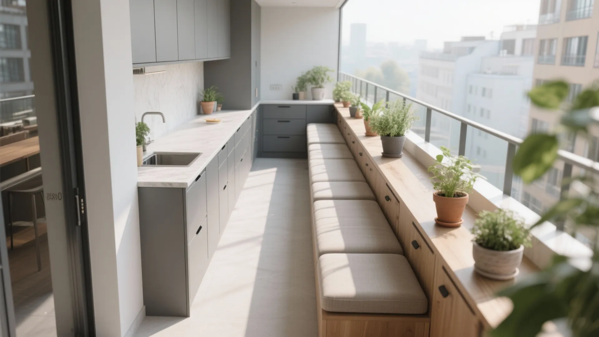 Top-down L-shaped balcony cabinet layout with slim base cabinets, bench seat, and clear circulation