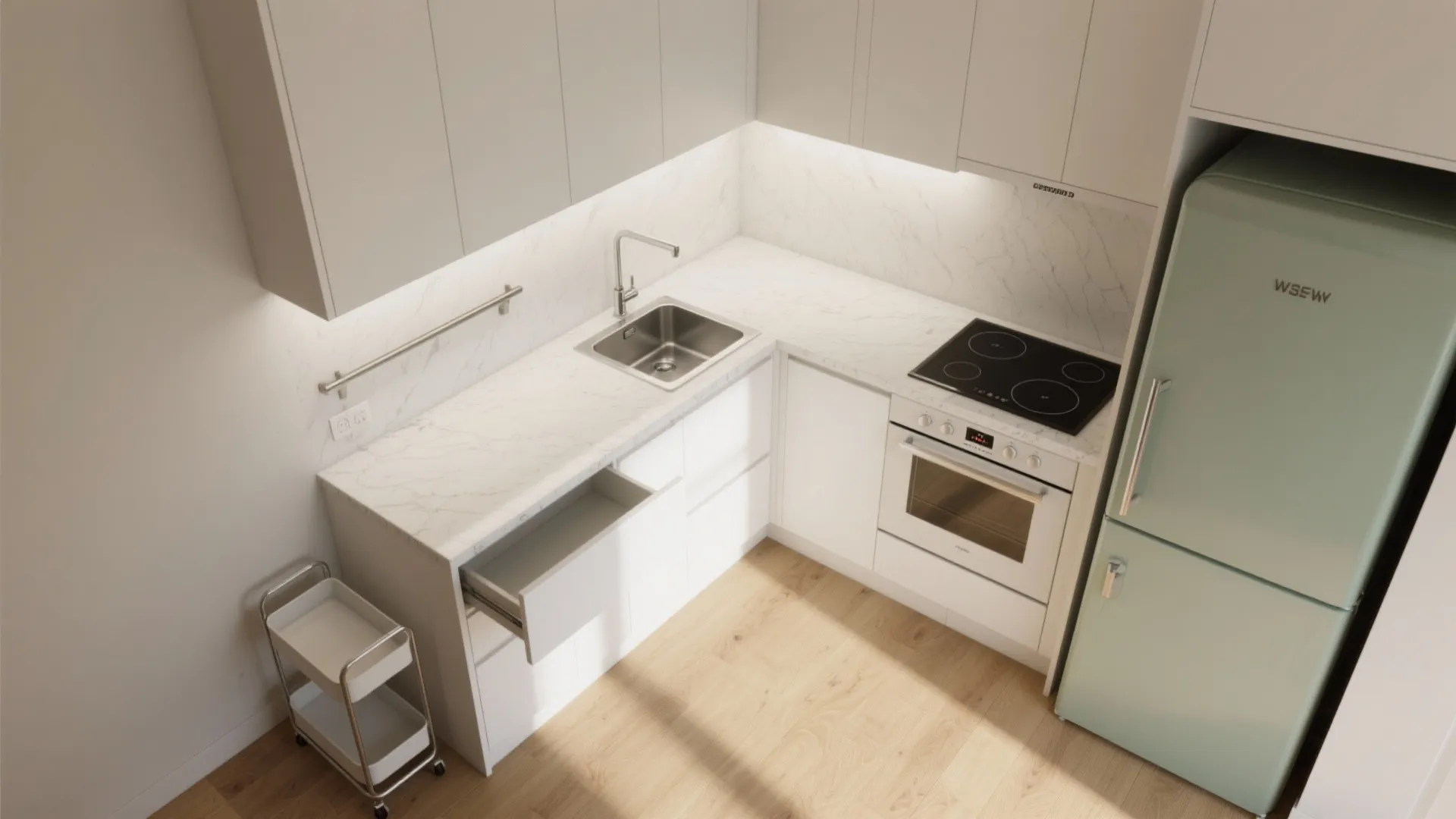 L-shaped small kitchen layout that flows