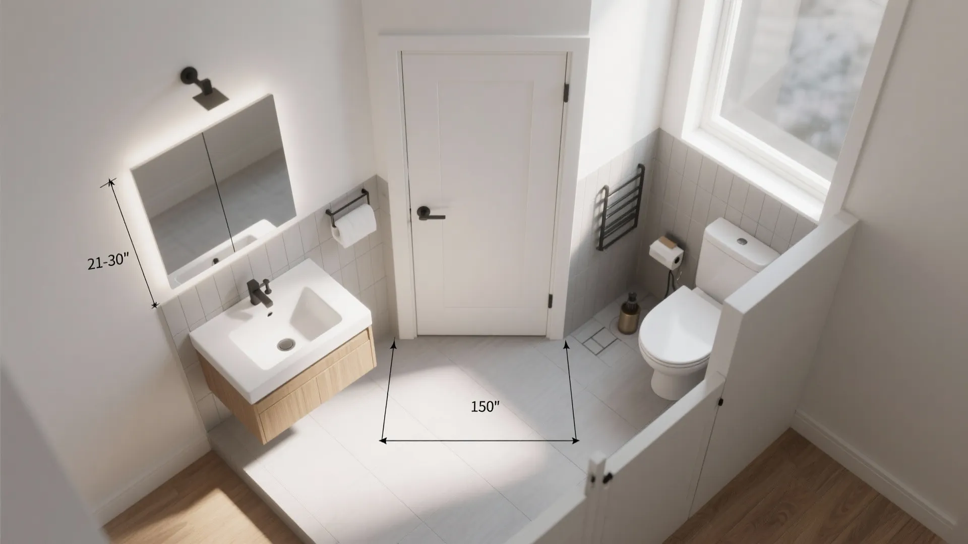 Modern bathroom layout showing white toilet sink wooden cabinet and door with dimension measurement lines