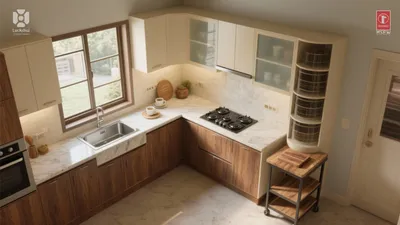 Warm Wood and Marble L-Shaped Kitchen Design