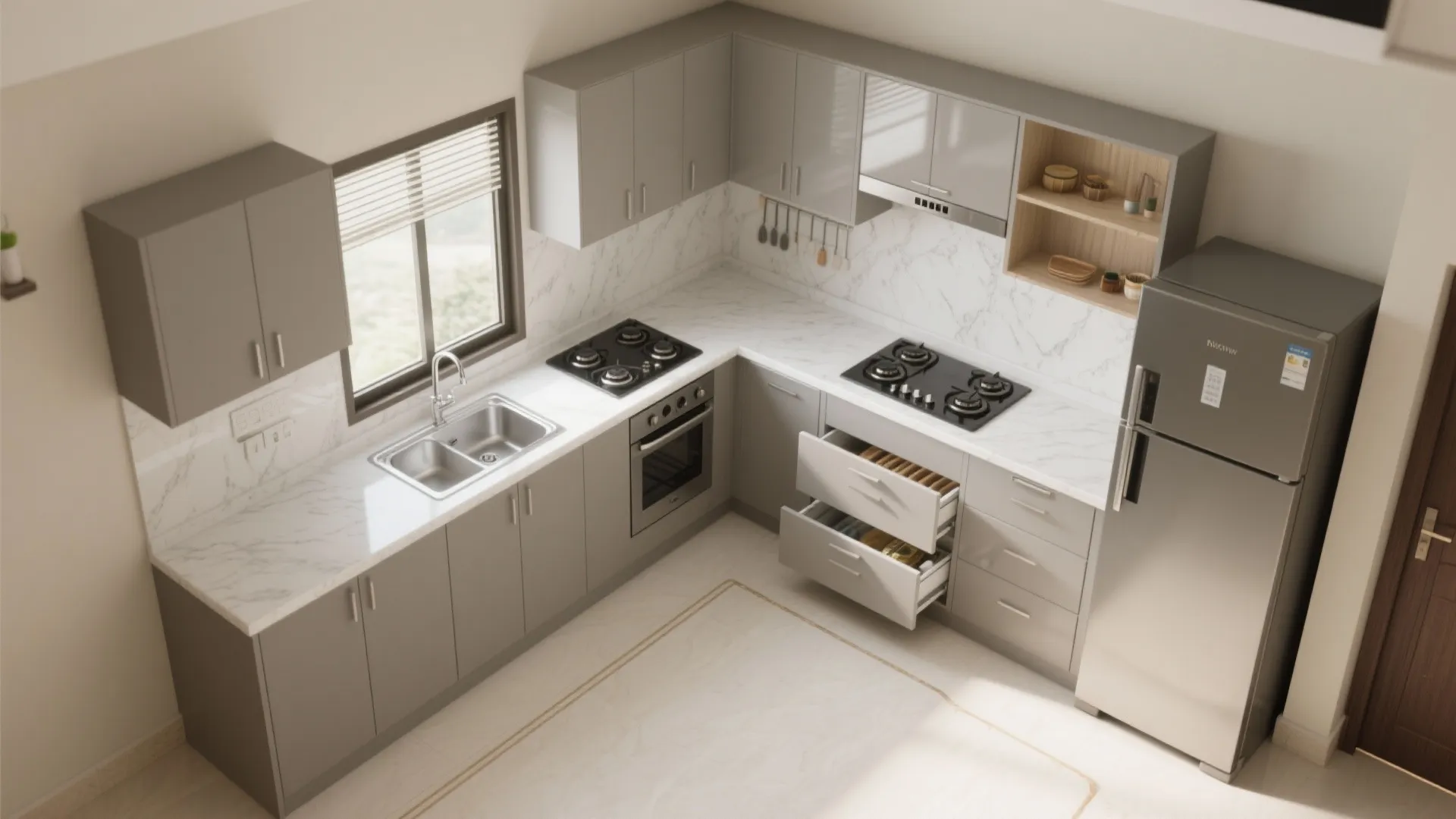 L-shaped kitchen layout that frees more counter space