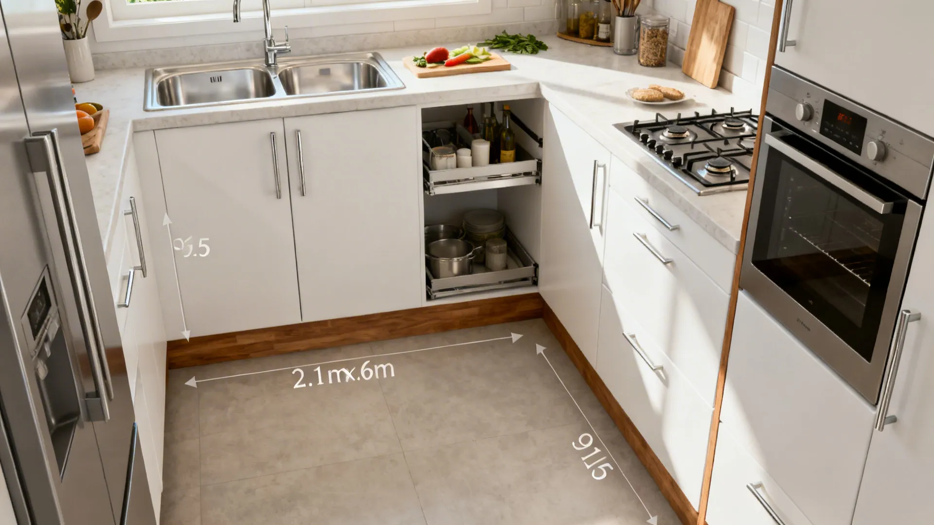 Compact L-shaped kitchen with a clear aisle and continuous countertop for efficient workflow.