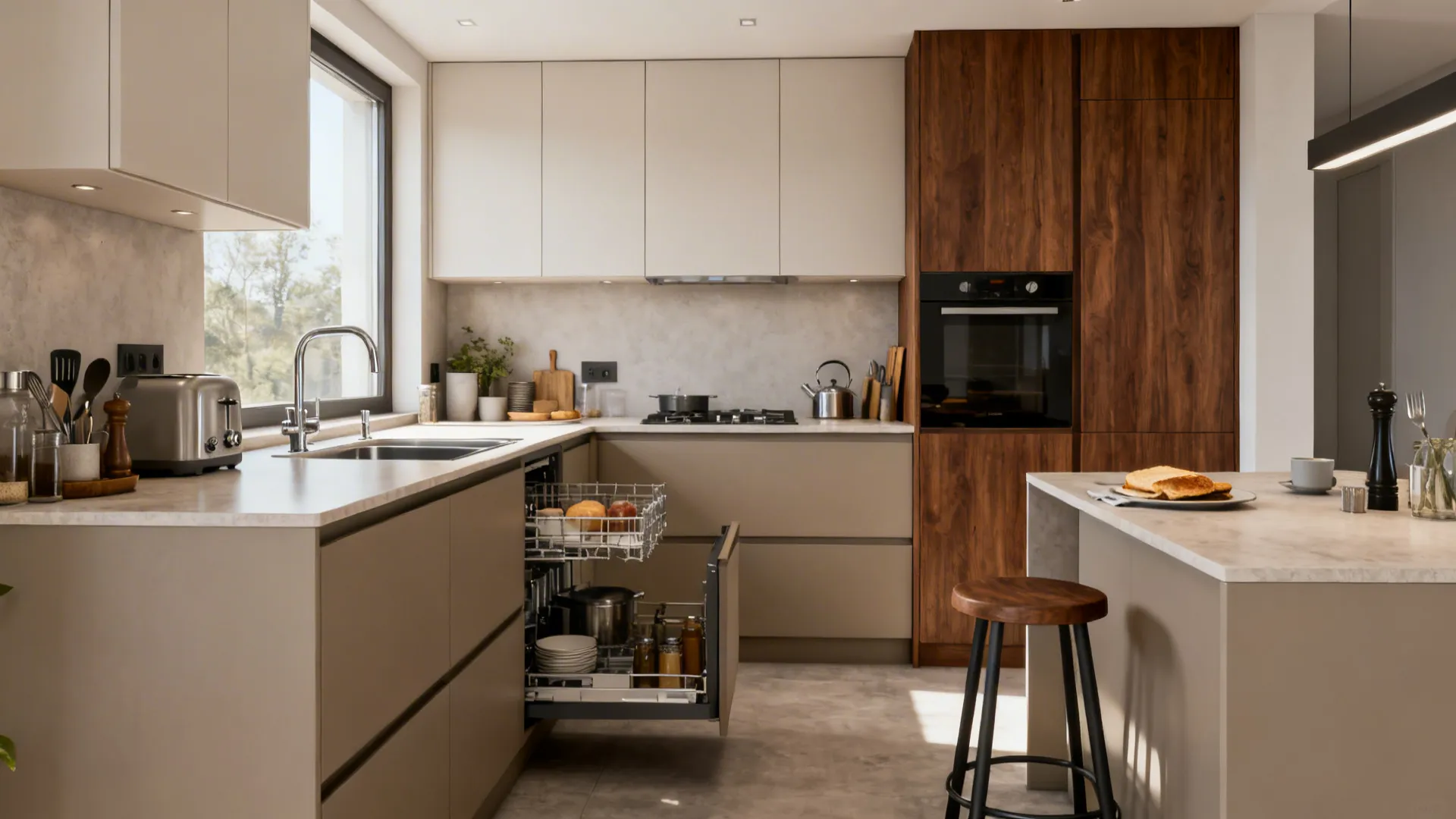 L-shaped small kitchen with optimized corner pull-out and expanded prep surface.