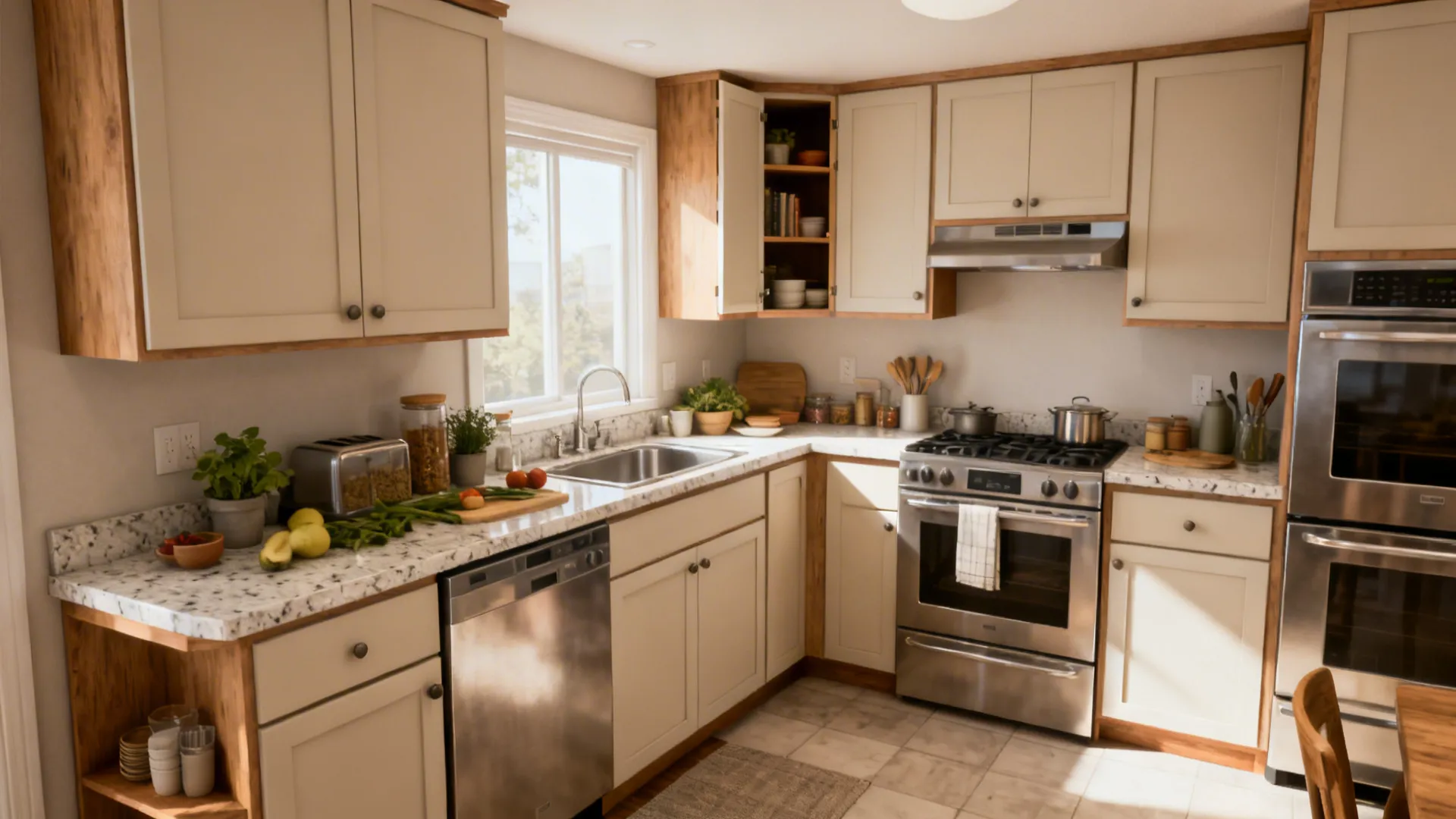 Compact L-shaped kitchen with slab almirah cabinets and clear work zones in a bright space.