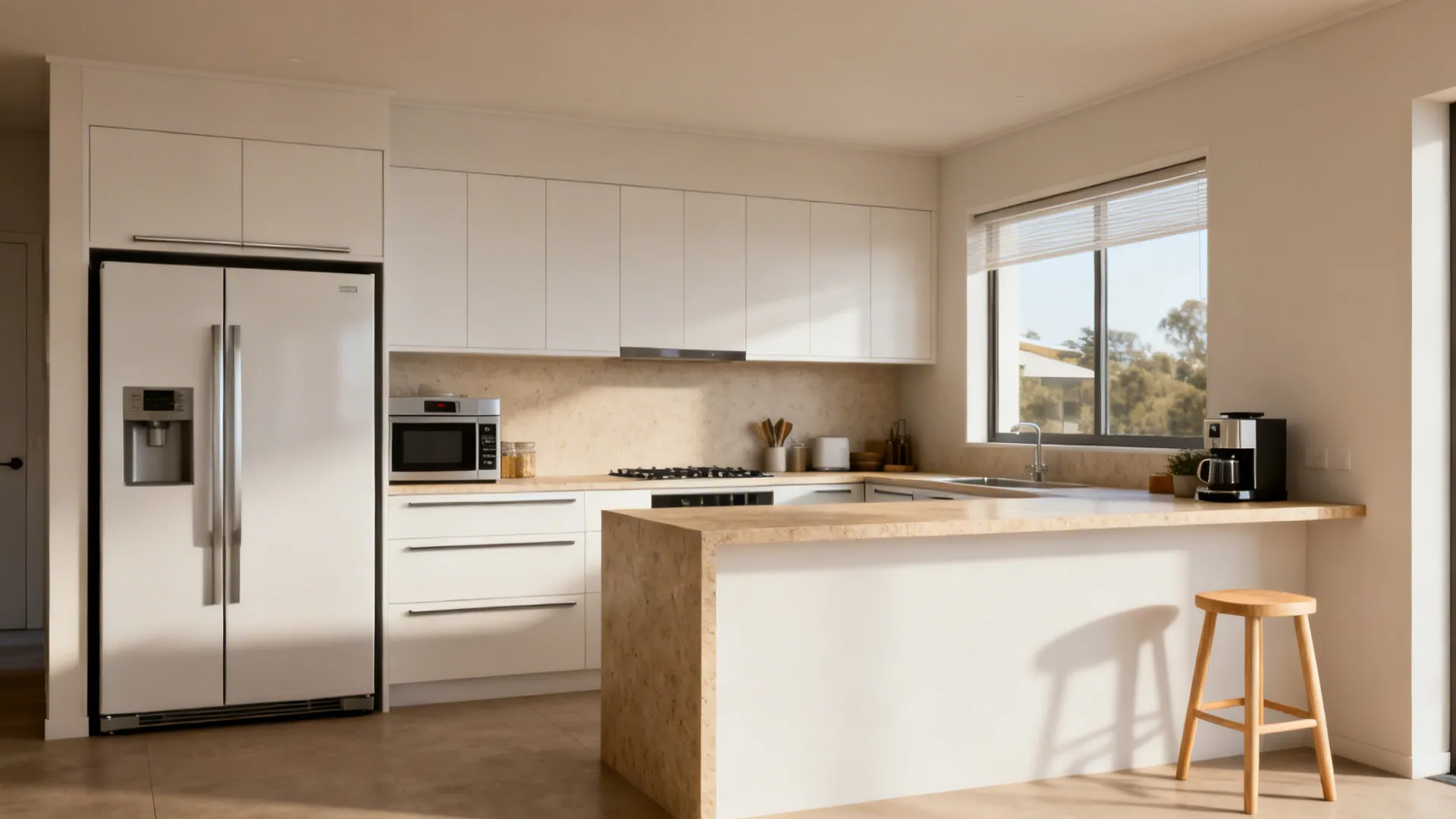 Bright L-shaped kitchen with white cabinets large white fridge stone counter and a wooden stool