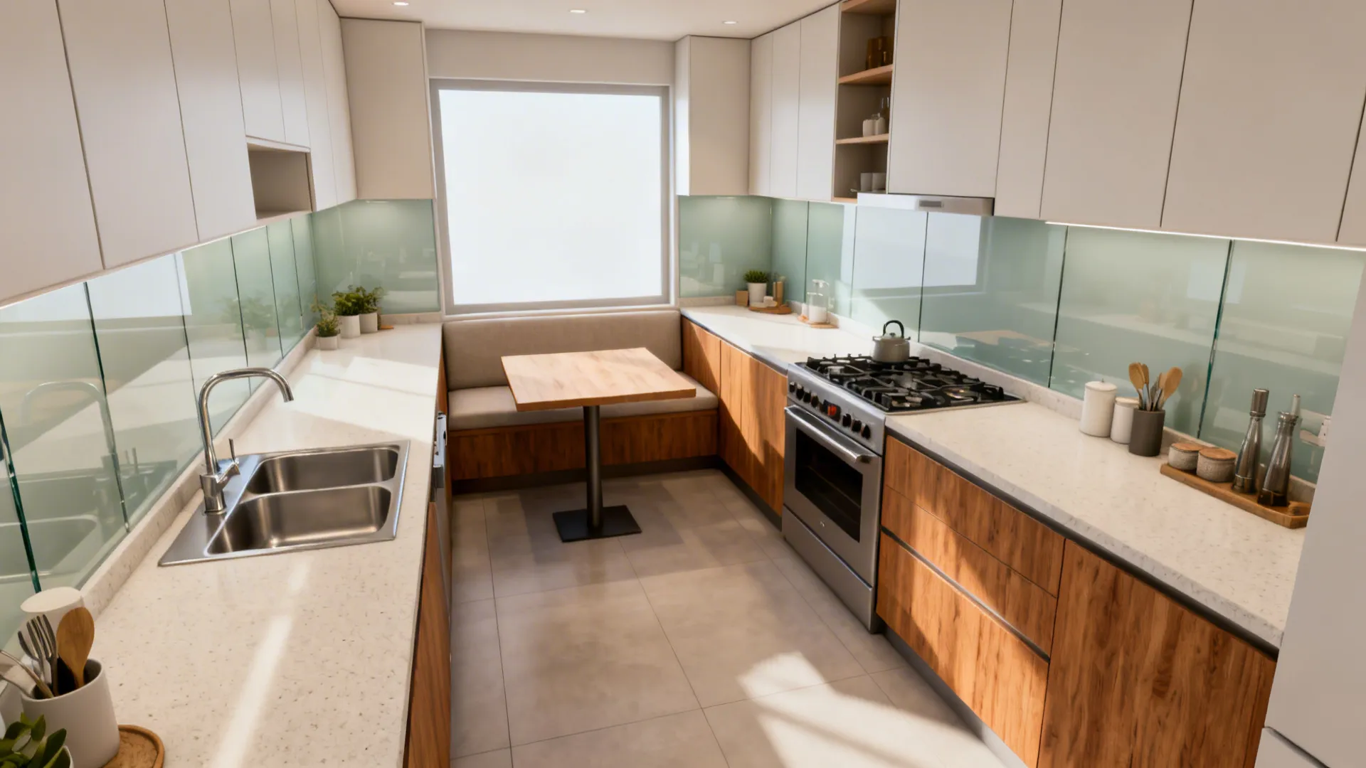 L-shaped 12x12 kitchen with continuous counters and clear central circulation for dining.
