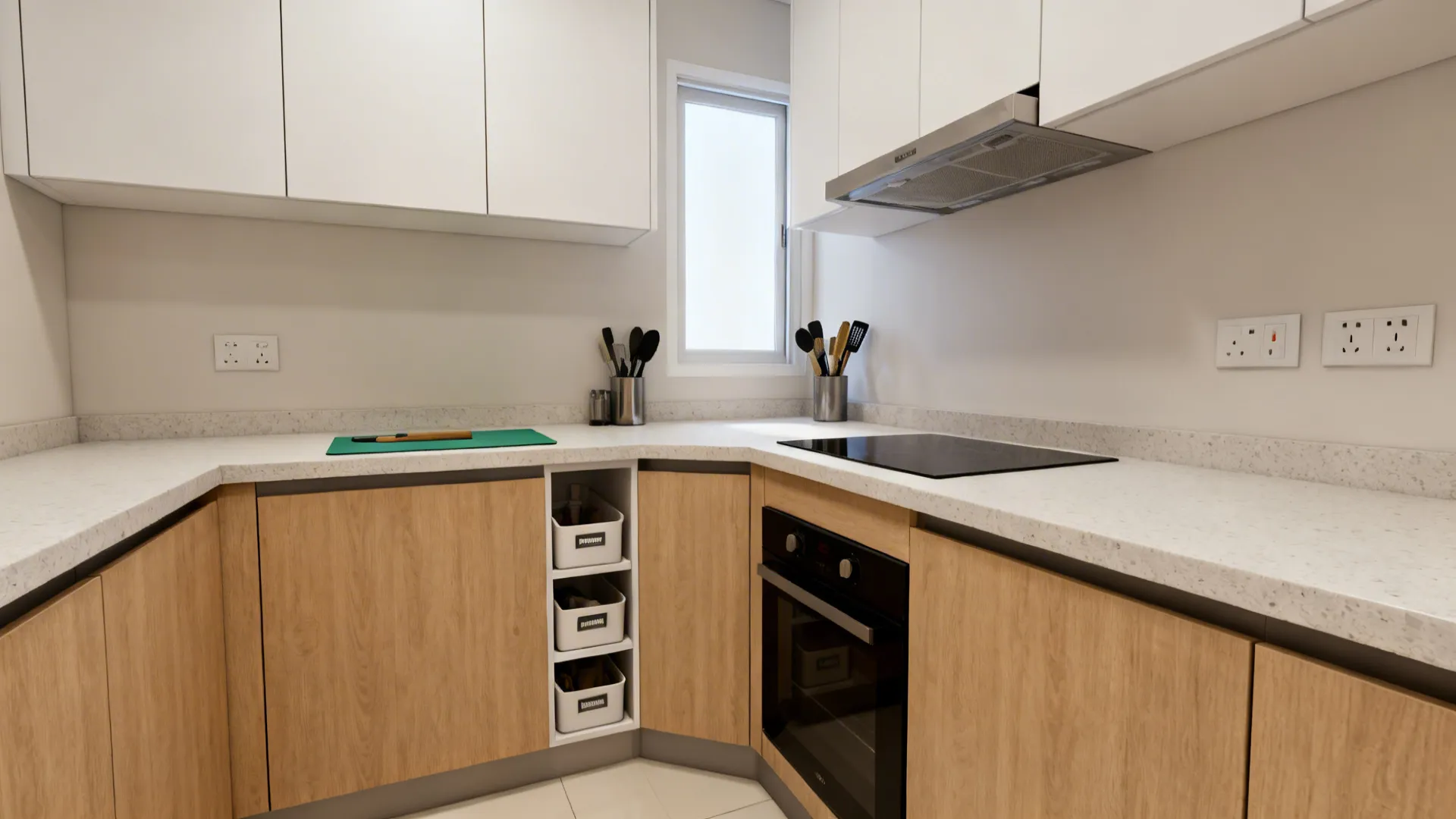 Compact HDB L-shaped kitchen with continuous counter and organized corner storage.