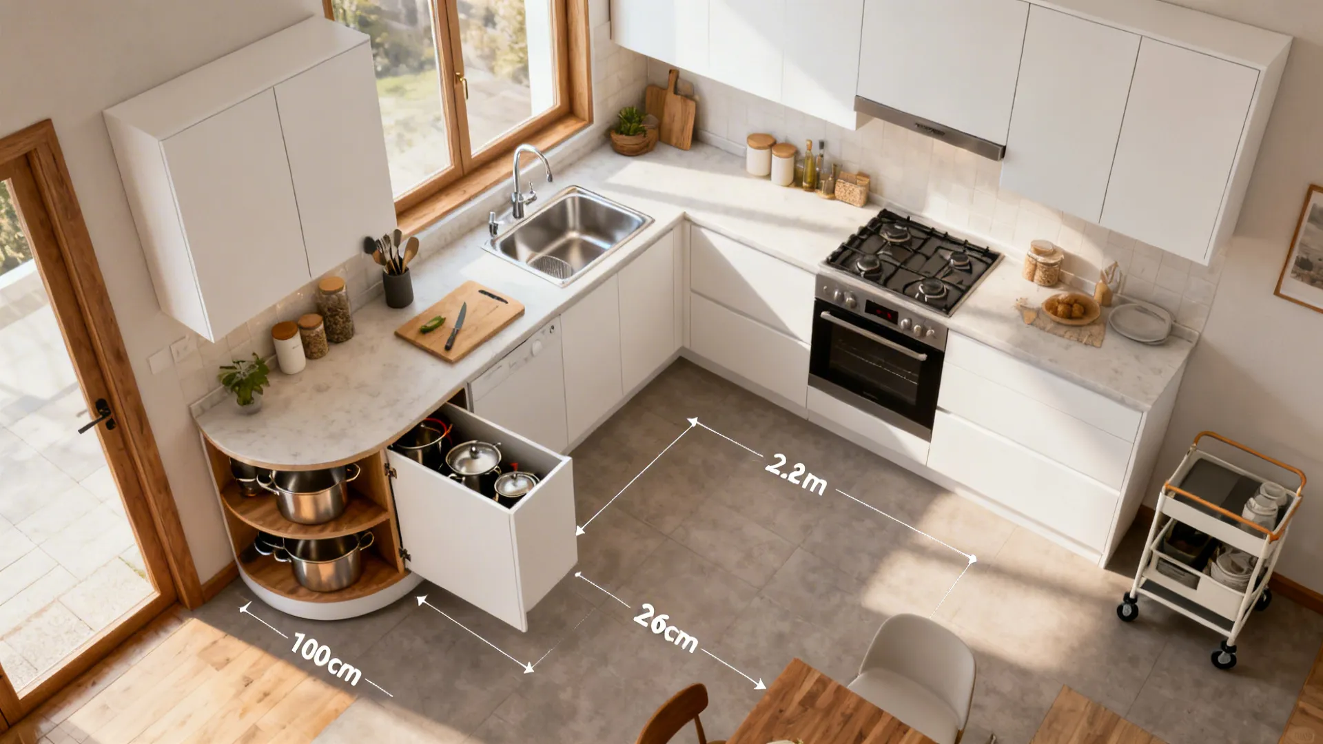 Compact L-shaped kitchen with sink and range on one run and a corner lazy Susan maximizing storage.