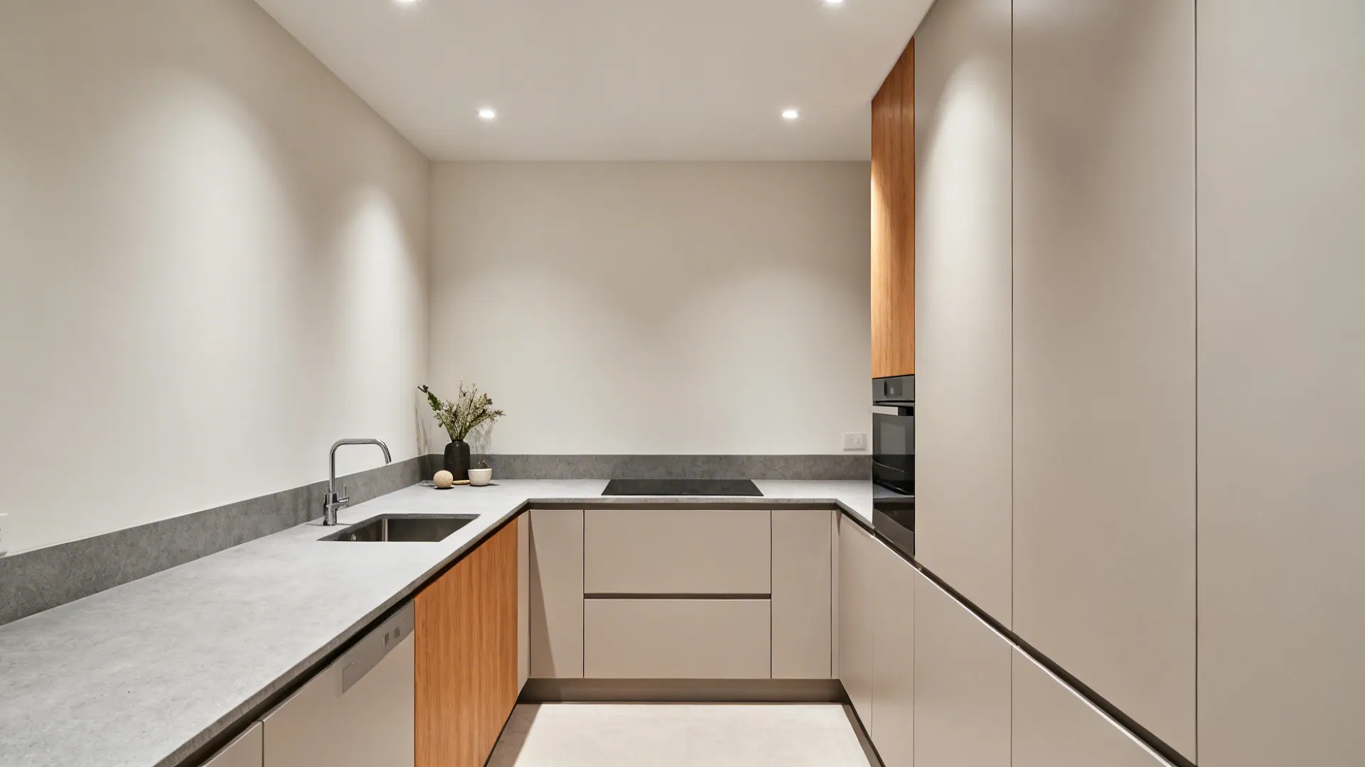 Wide shot of a small L-shaped kitchen with uninterrupted counters and clean lines.