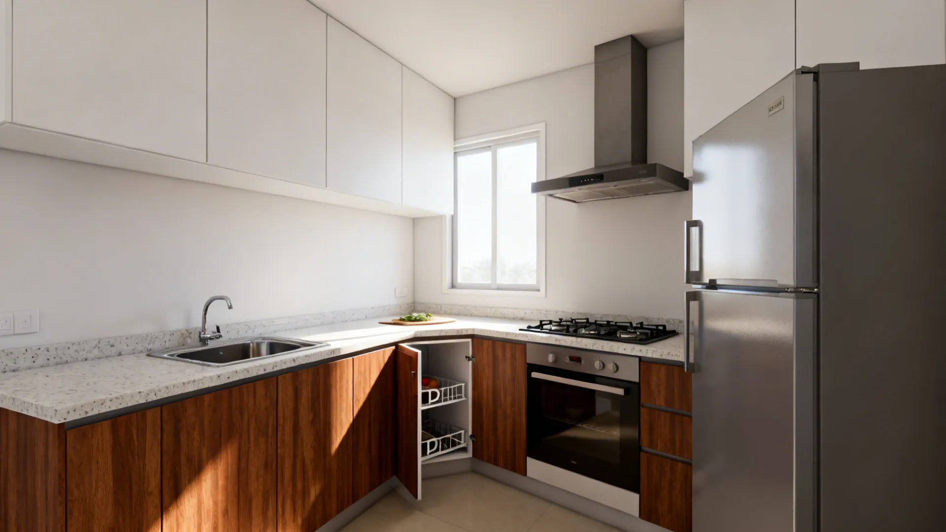 Compact L-shaped Indian kitchen with defined prep and cook zones and corner storage.