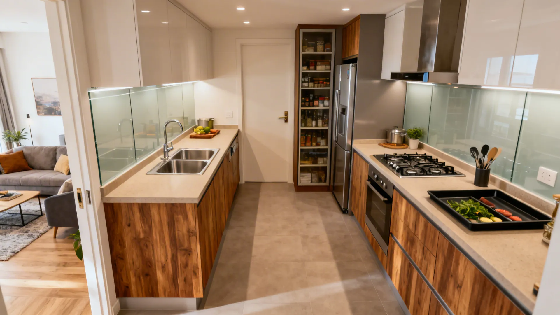 L-shaped layout to reclaim counter depth and flow