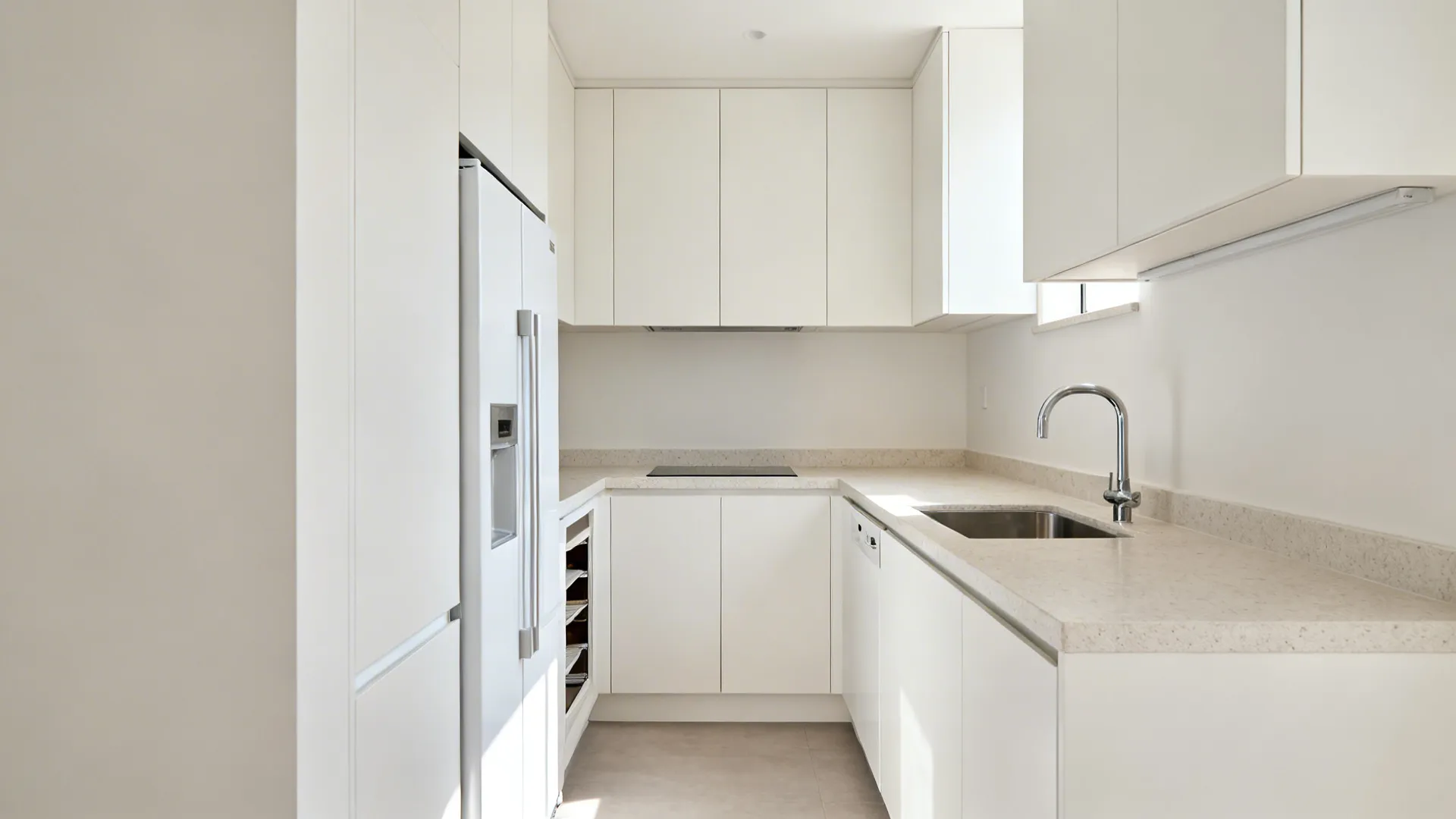 Bright L-shaped kitchen with white cabinets white fridge sink and a black stove under cabinets