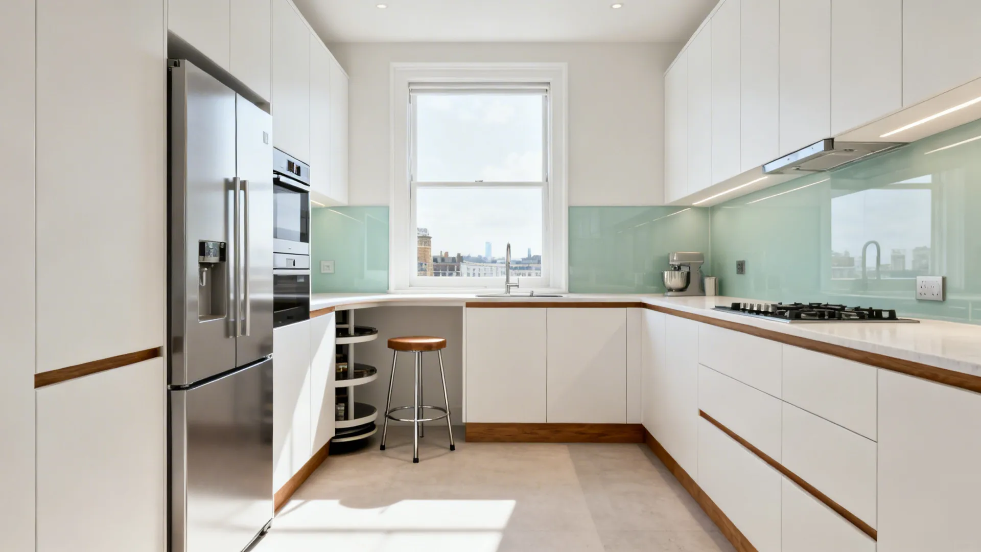 Compact L-shaped kitchen with extended uninterrupted worktop and clear 1m walkway in soft daylight.
