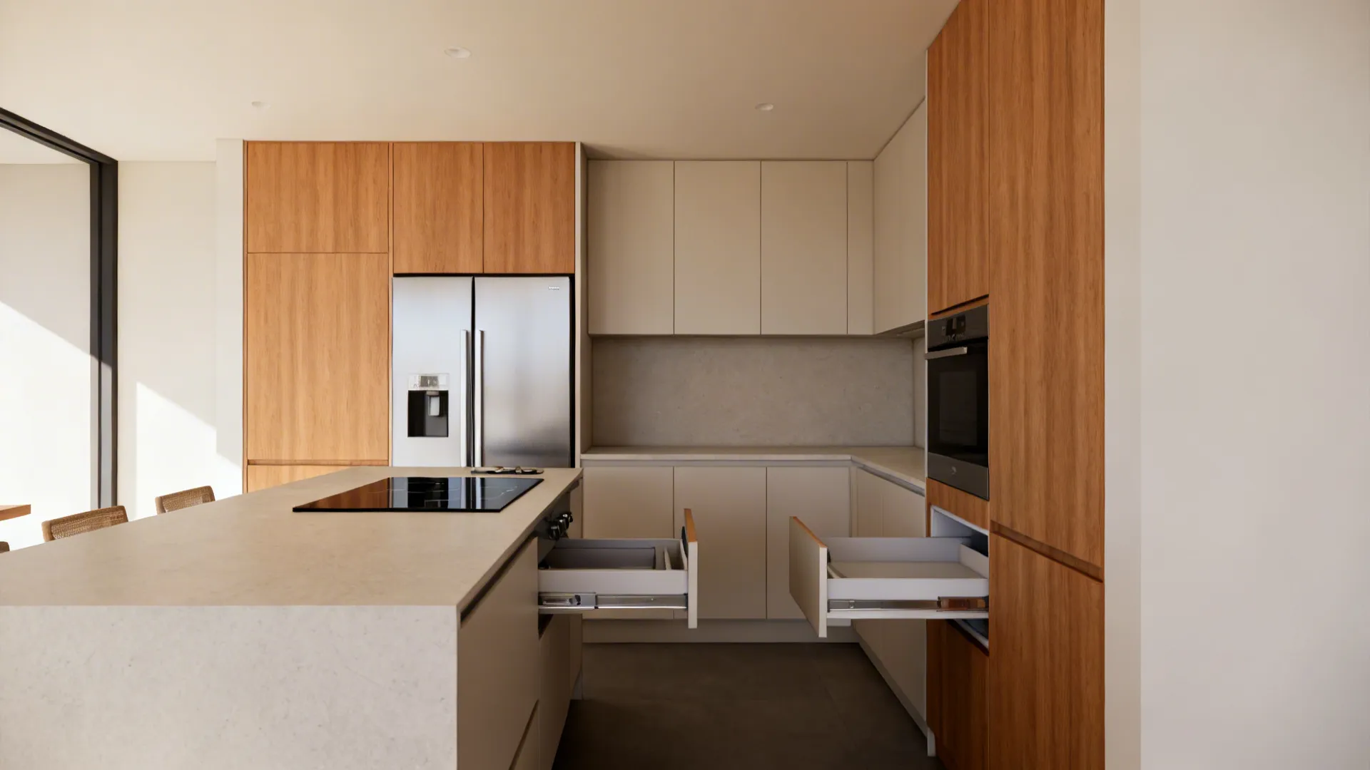 Compact L-shaped NZ kitchen with clear prep zone and open corner storage solution.