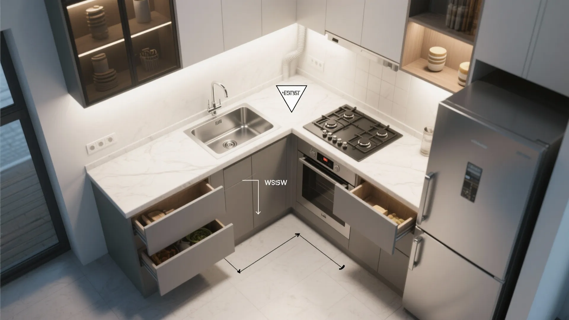 L-shaped layout to unlock counter space