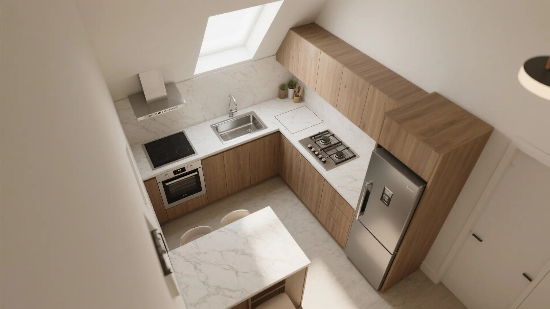 Compact L-Shaped Kitchen Layout with Smart Zones