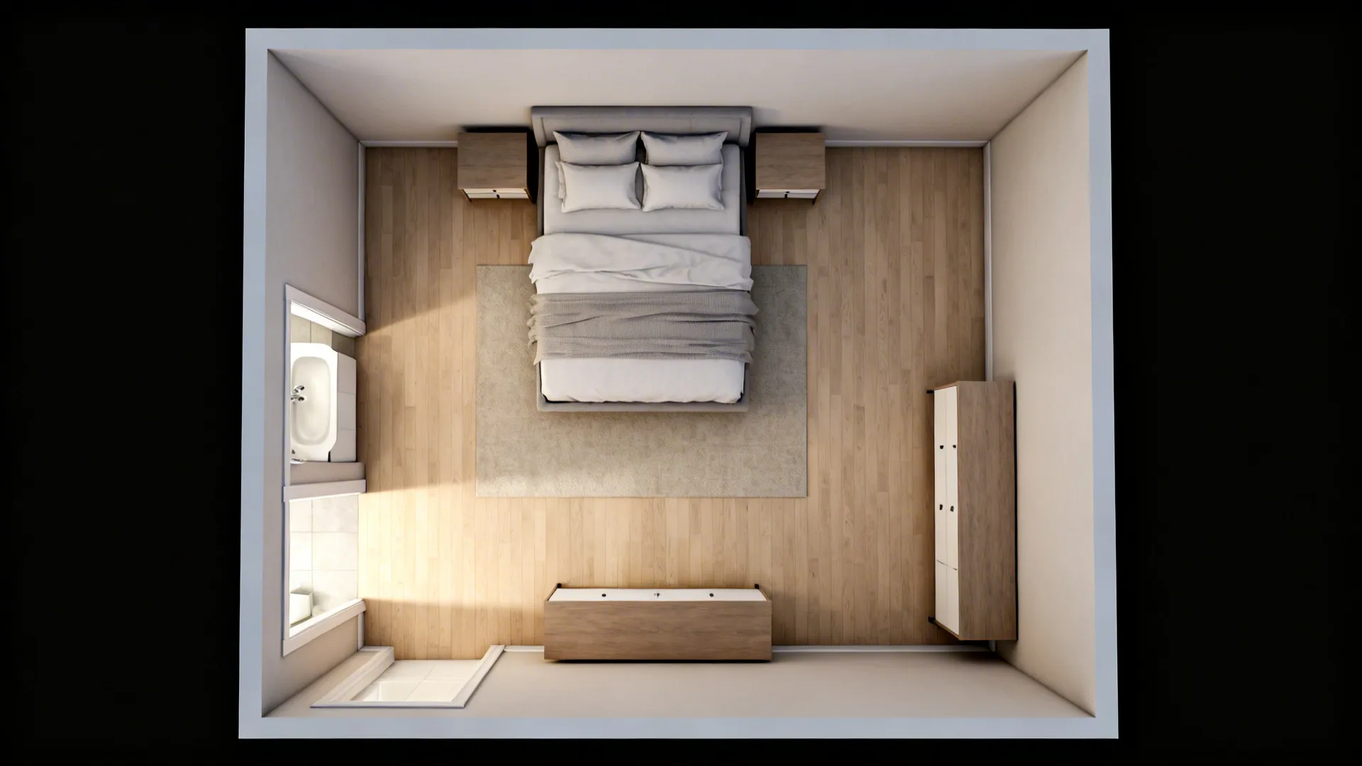 Top view of bedroom featuring a grey bed wooden flooring two nightstands and storage cabinets