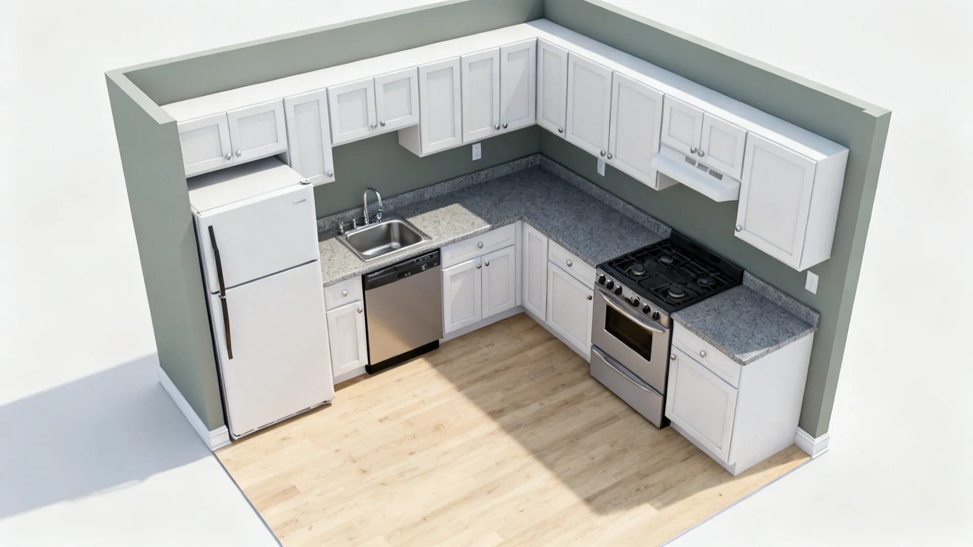Interior design drawing of a white kitchen with wood floor fridge stove and grey countertop