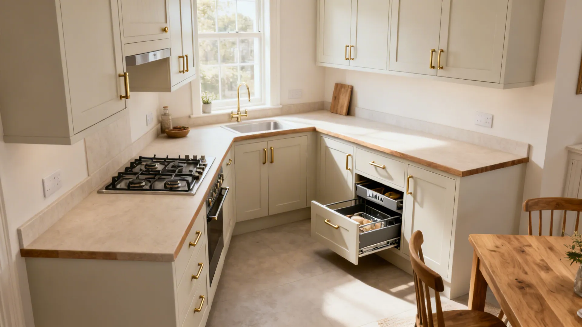 Small UK kitchen with an L-shaped layout showing corner pull-out storage and ample prep run.