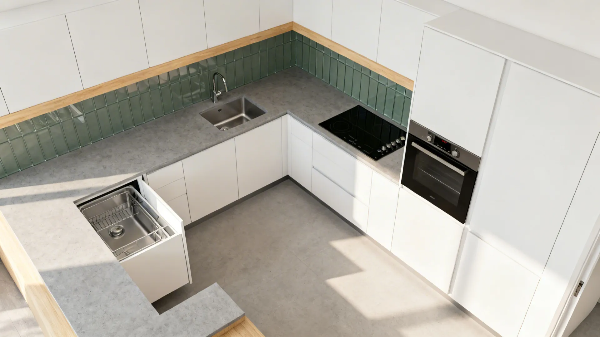 Top view of an L shaped kitchen room layout with white cabinets and grey stone countertops