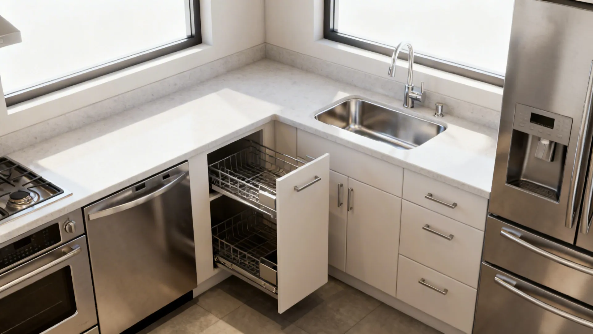 Compact L-shaped kitchen with clear work triangle and well-detailed corner solution.