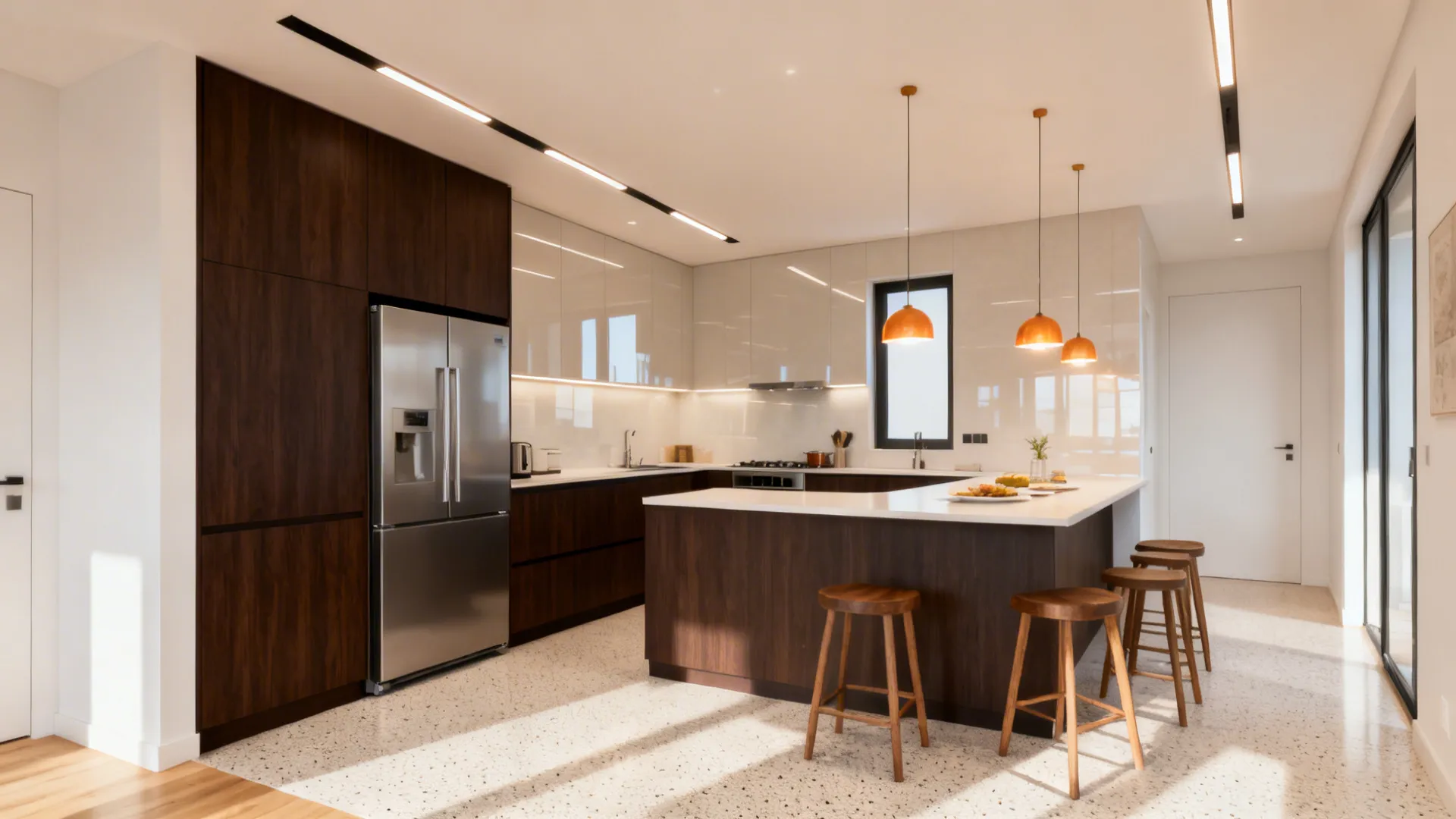 Compact L-shaped kitchen with dark bases and light matte oak floor for fewer shadows.